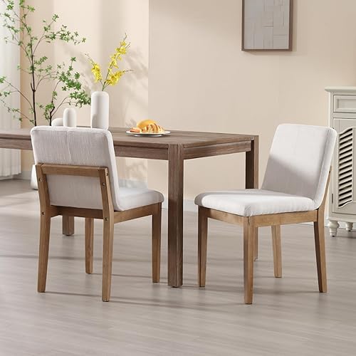 Miniatura 3 de Juego de 2 sillas de comedor de madera con respaldo rectangular, tela de lino de mediados de siglo, tapizadas sin brazos, para isla de cocina, sala