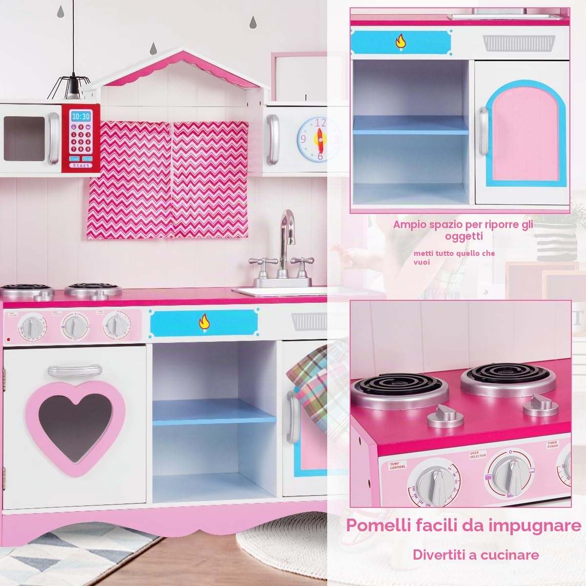 HOMASIS Cucina Legno per Bambini Rosa, Con Lavandino, Forno e Microonde, Giocattolo Educativo da 3+ Anni, Cuore Rosa