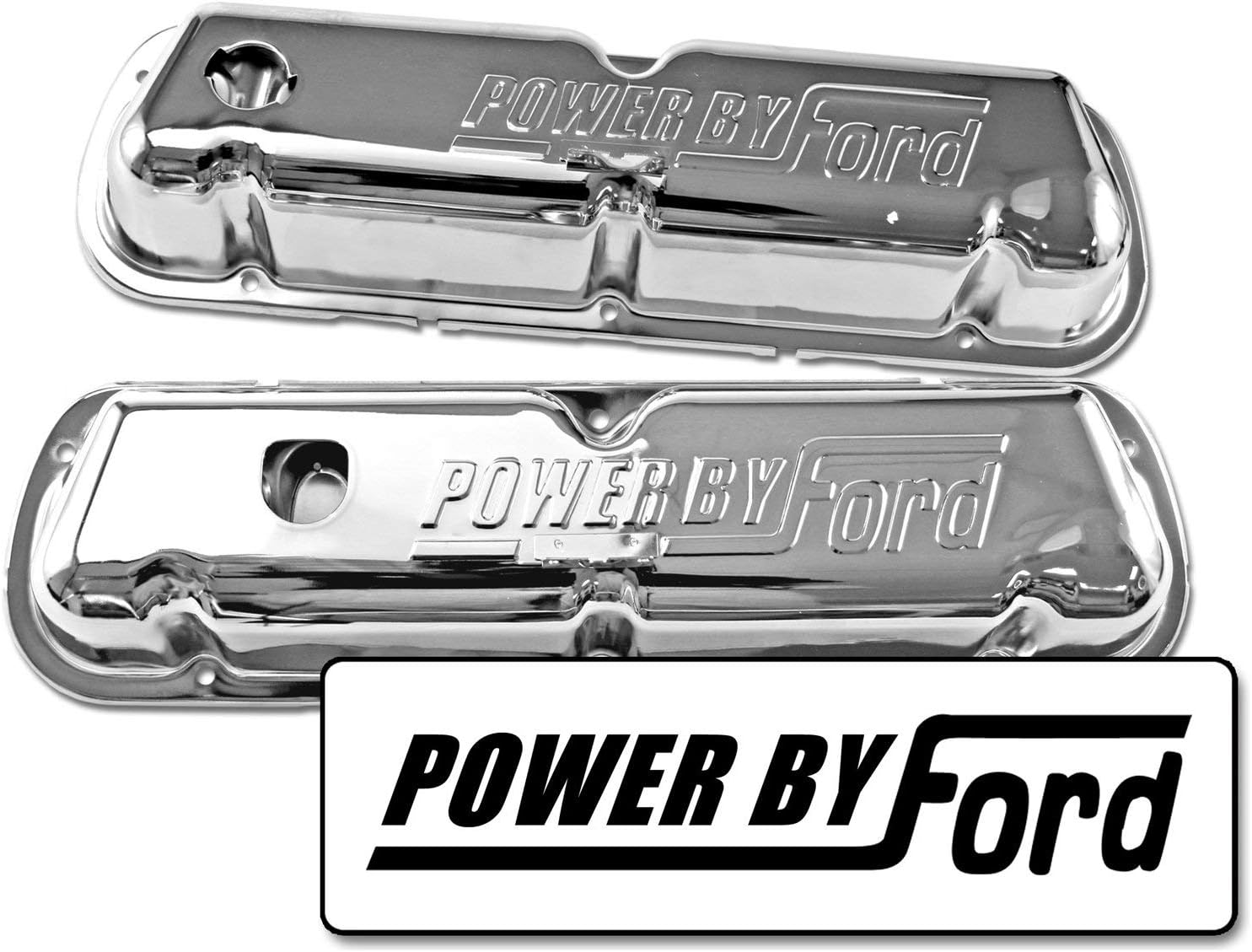 Scott Drake Steel Valve Covers with Official Powered by Ford Lettering in a Chrome Finish, Compatible with 1968-1972 Ford Mustang, Model C8OZ-6A582-C