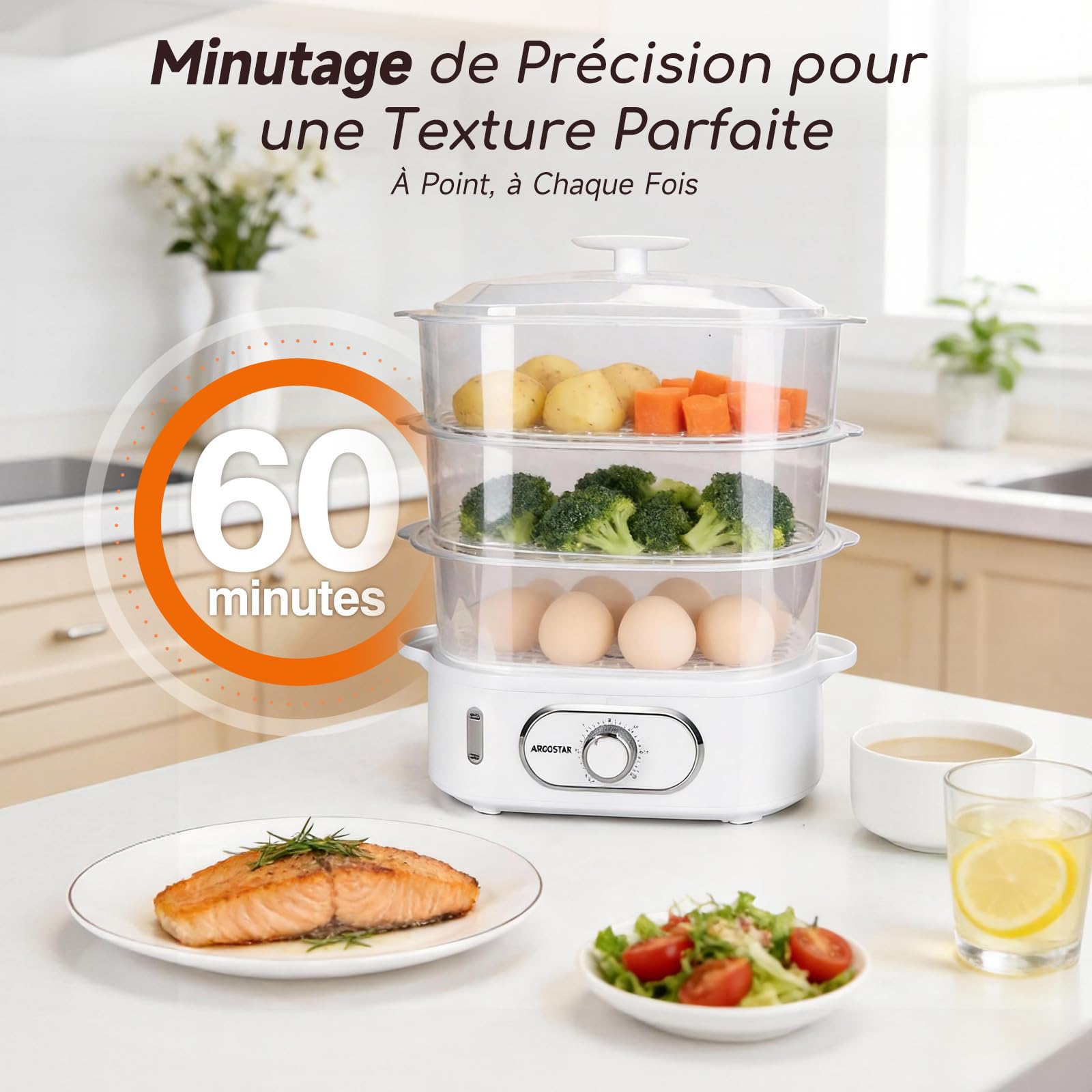 Aigostar Cuiseur Vapeur Electrique 12L 900W 3 Récipients Empilables Minuterie 60 Minutes Sans BPA