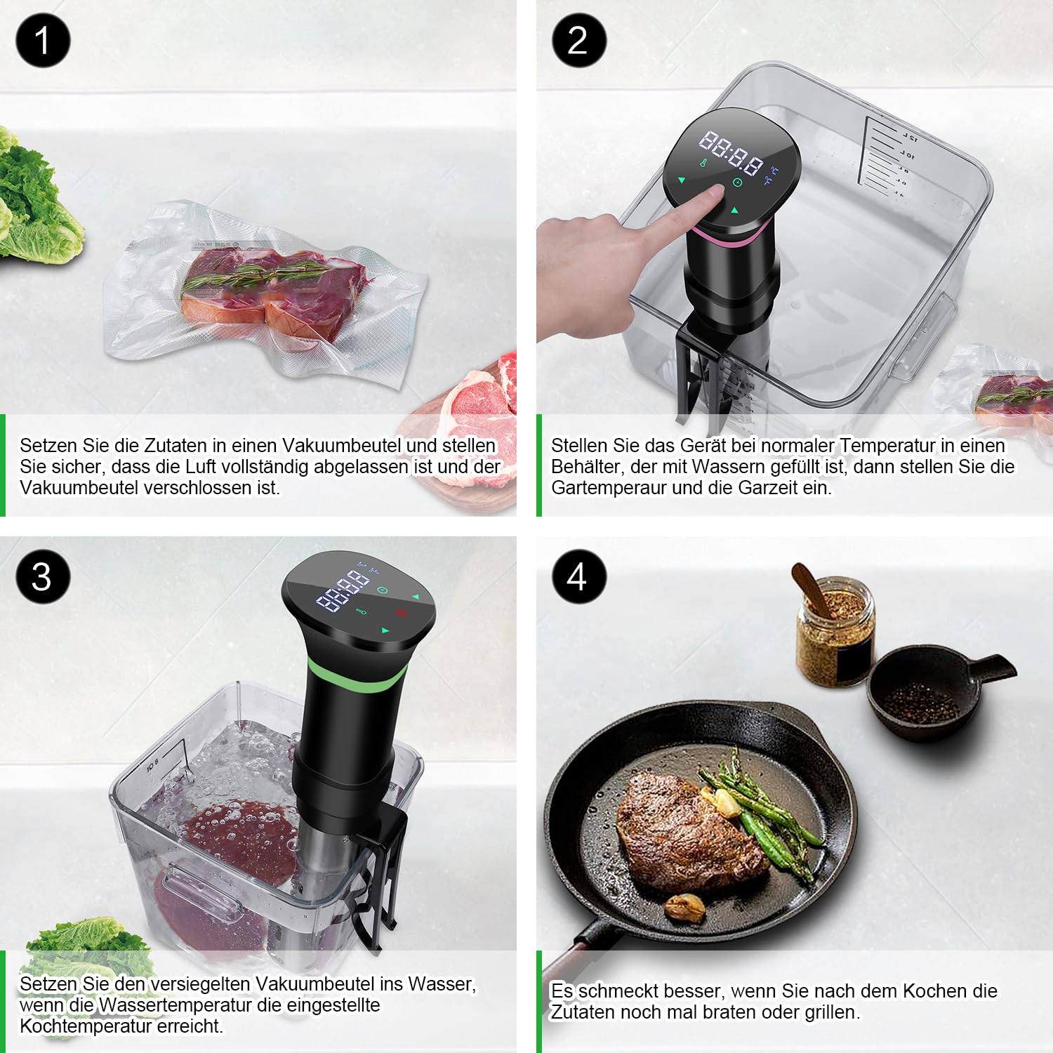 Sous Vide Garer Sous Vide Stick aus Edelstahl, Slow Cooker mit LED Touch-Display, 1000W Sous-vide Garer mit präziser Temperatureinstellung und Timer, inkl. Rezeptbuch, Grau(MEHRWEG)