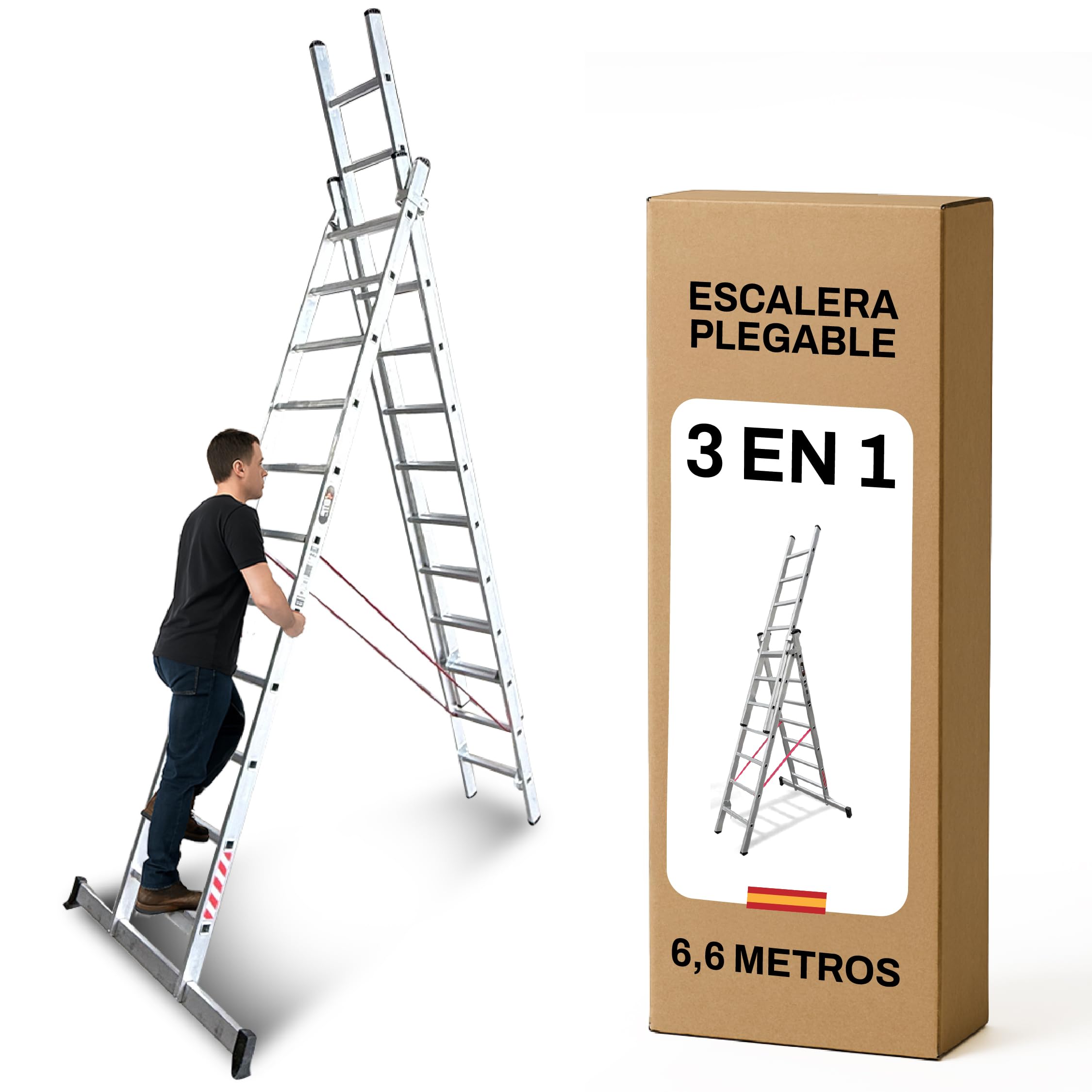 BTF Escalera de Mano Triple de Aluminio 3x9 Peldaños, Escalera Transformable y Extensible de 5,6m para Uso Doméstico, Barra Estabilizadora, Carga 150kg, Norma EN131