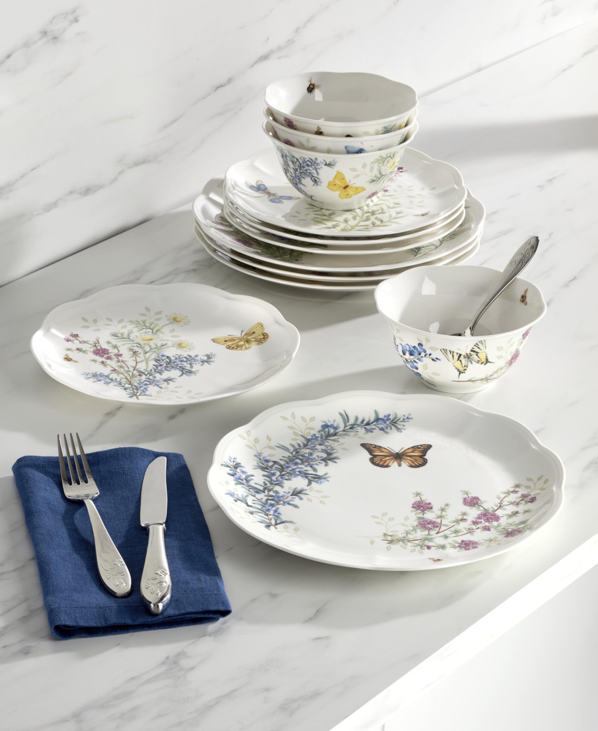 Lenox 897792 Tafelservice Butterfly Meadow Herbs 12-teilig | Keramik, spülmaschinenfest, mikrowellengeeignet | Teller und Schüssel-Sets für Küche und Esszimmer, Geschirrset, Geschirr