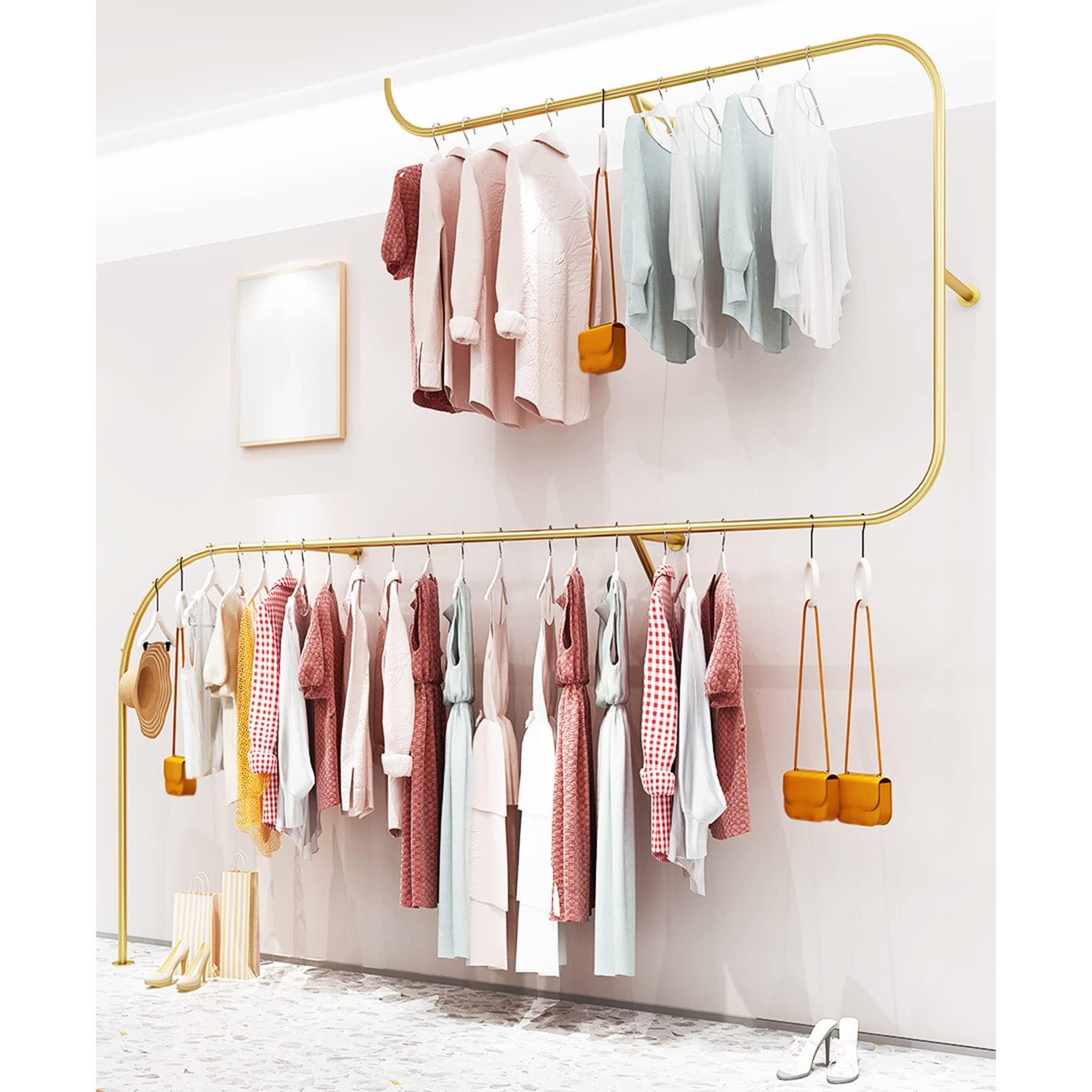 Appendiabiti Porta Abiti in Metallo Moderno con 2 Ganci Espositore per Vendita al Dettaglio Indipendente, Appendiabiti Salvaspazio per Camera da Letto E Lavanderia, F(Size:150x40x150CM