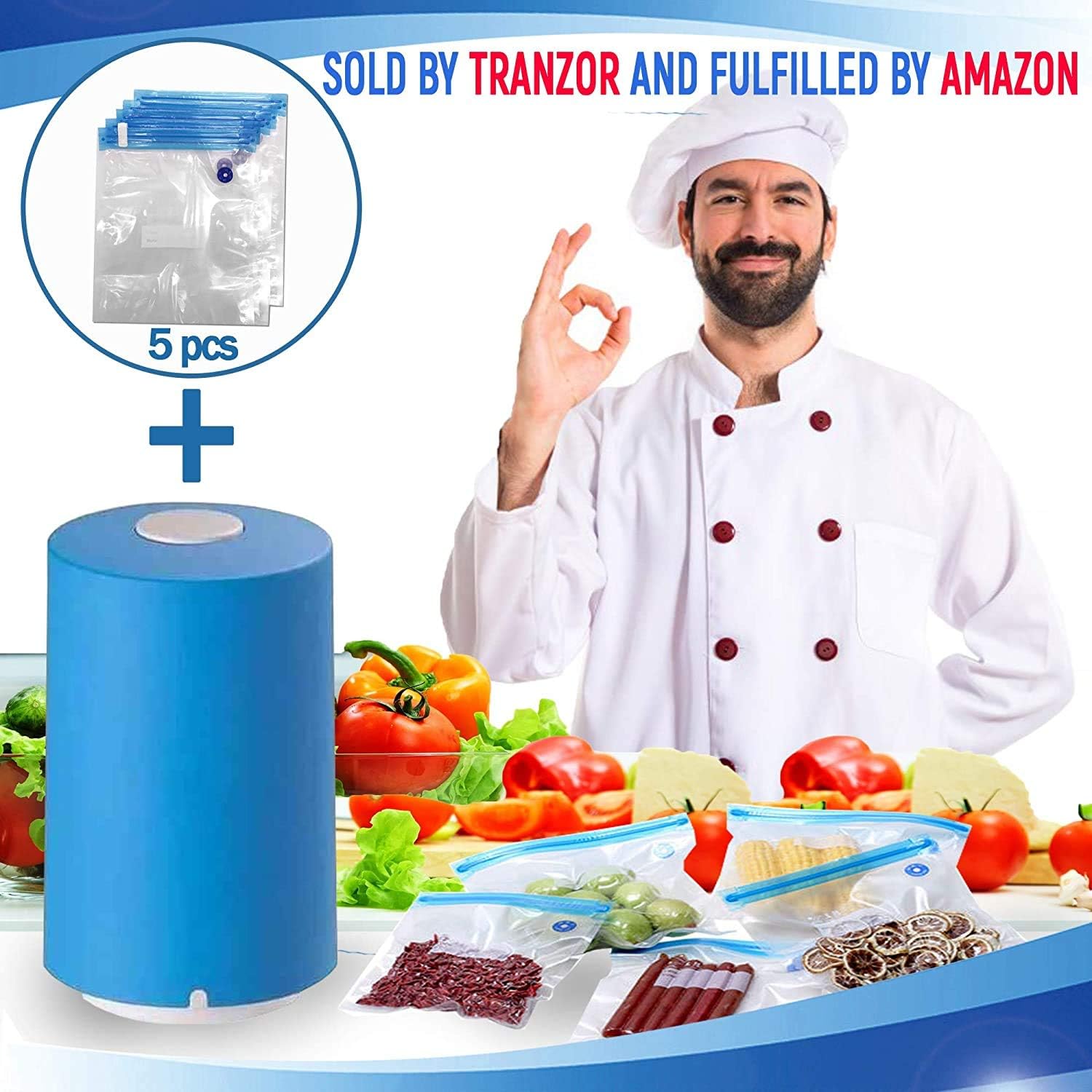 Portable Mini Automatic Compression Vacuum Pump Sealer, Rechargeable, Multiple Functional for Food Vacuum Storage with 5 Reusable Bags (18 cm X 23 cm)