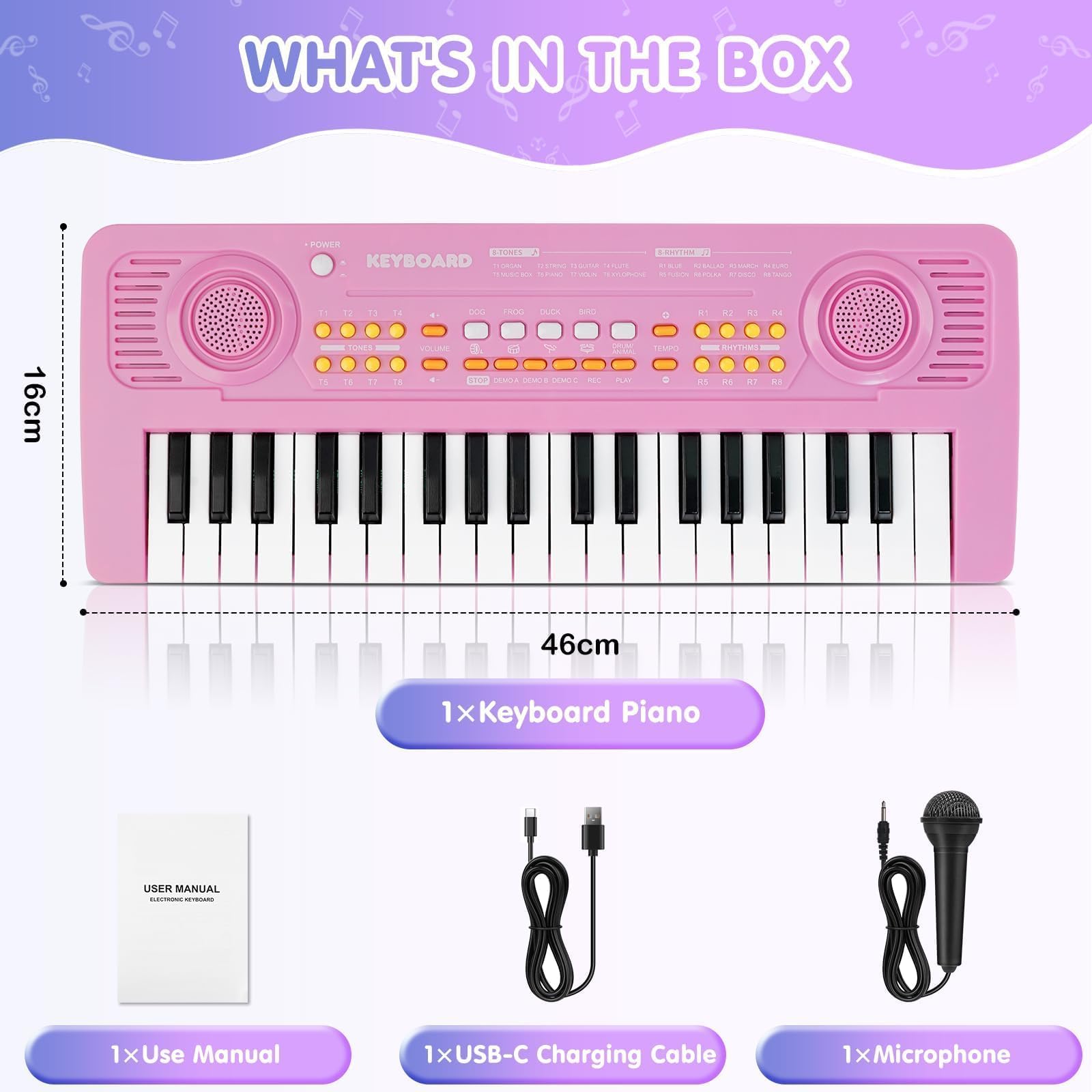 Pianola Tastiera Bambini Giocattolo Educativo con Microfono 37 Tasti Portatile Musicale Elettronica Pianoforte per Principianti Ragazzi Ragazze Regali di Compleanno e Natale di 3 4 5 6 7 Anni, Rosa
