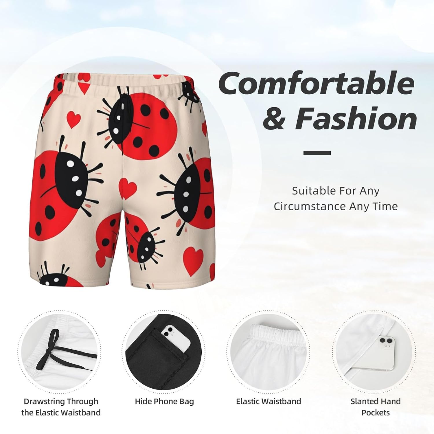 Men's Swim Trunks 2 in 1 Quick Dry Bathing Suits Ladybug Beach Board Shorts Swimwear