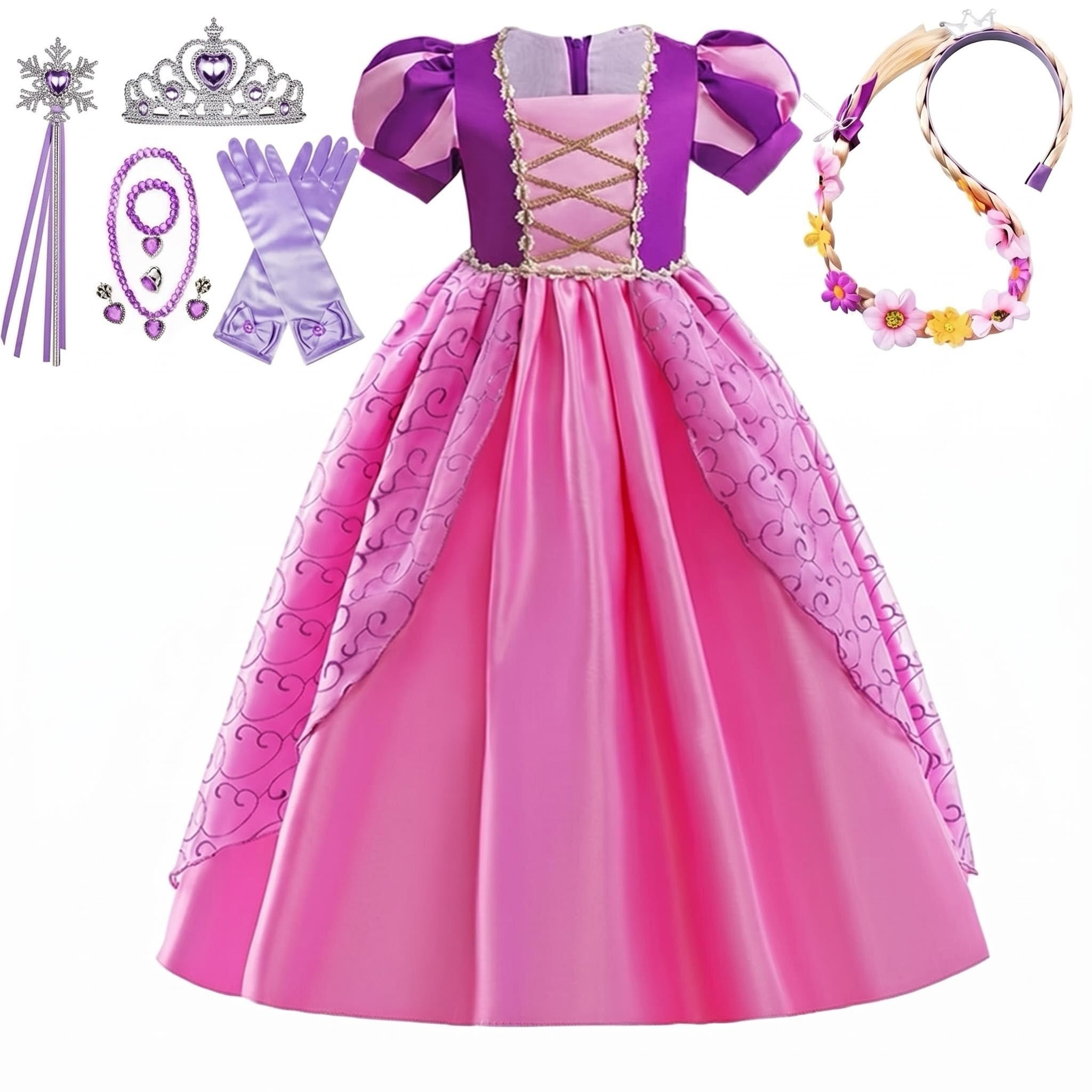 Costume da principessa per ragazze, con capelli lunghi e treccia di fiori, abito da festa in tulle con paillettes viola, per feste in maschera, per feste di compleanno e Halloween, età 3