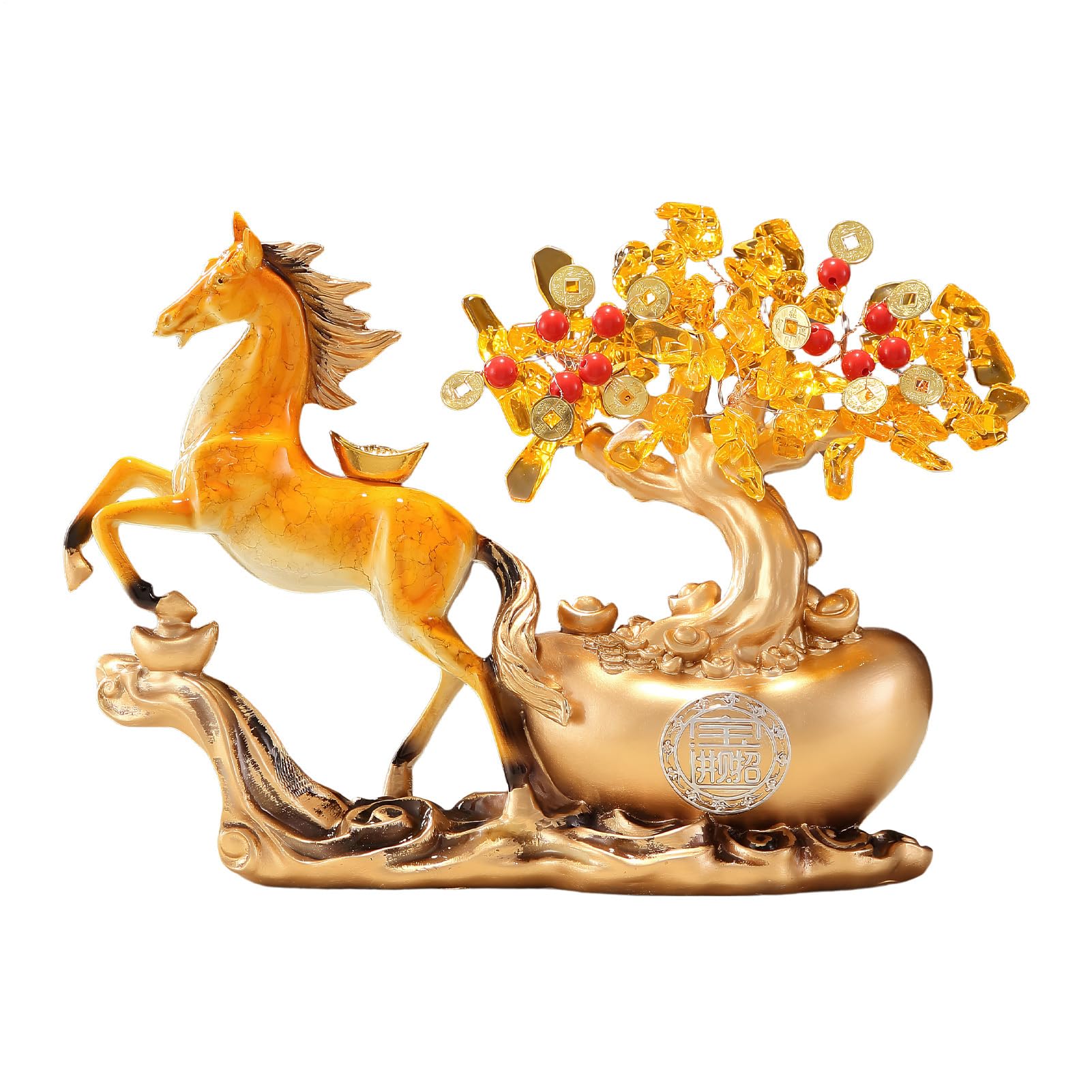 Décoration de richesse cheval avec arbre de fortune aux finitions or