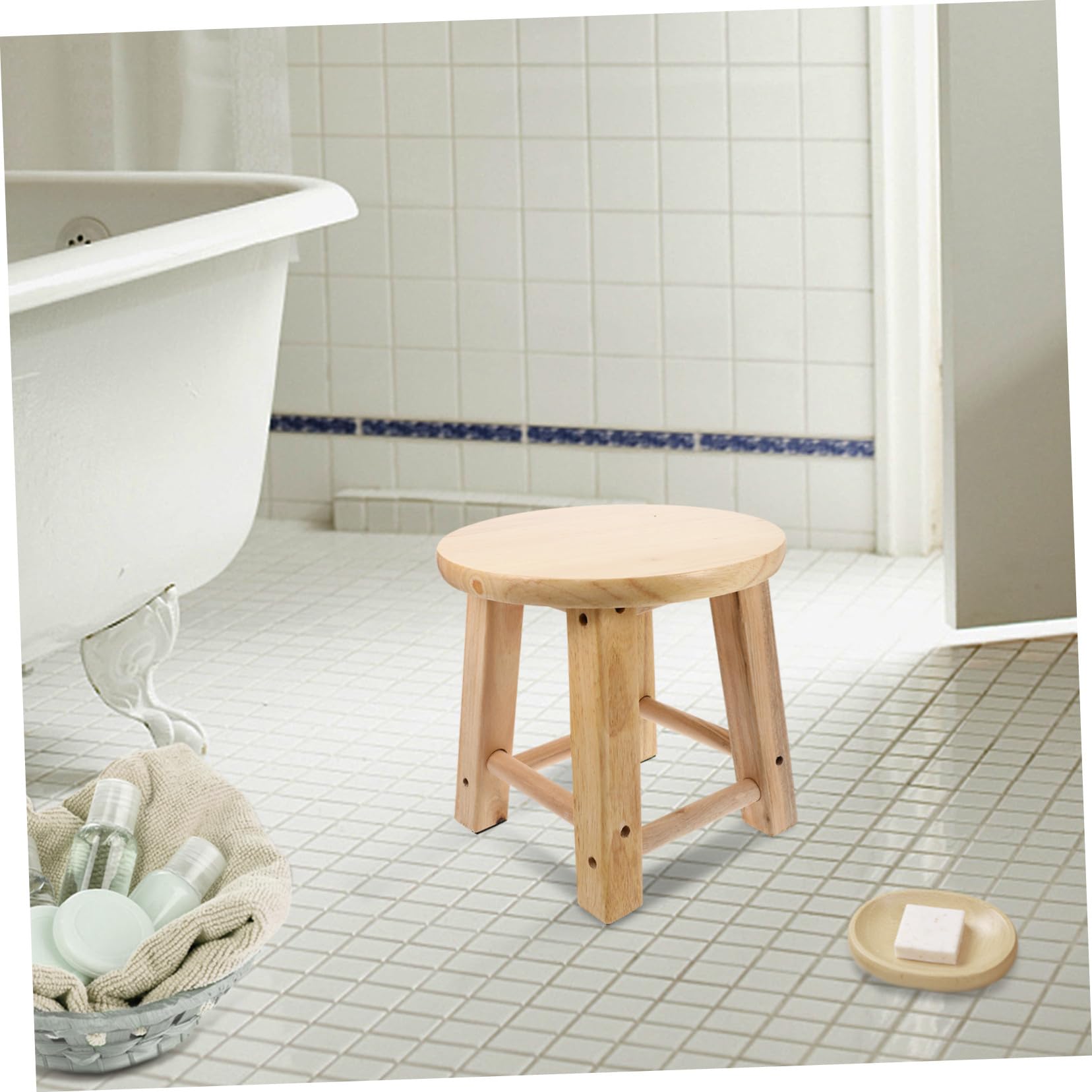 Mini sgabello rotondo in legno massello, per bagno e uso domestico, versatile poggiapiedi perfetto per cambiare scarpe e servizi igienici, design elegante