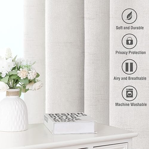 Miniatura 6 de H.VERSAILTEX Cortinas de lino natural de 63 pulgadas de largo para sala de estar, 2 paneles con pestañas traseras, bolsillo con lazo en la parte