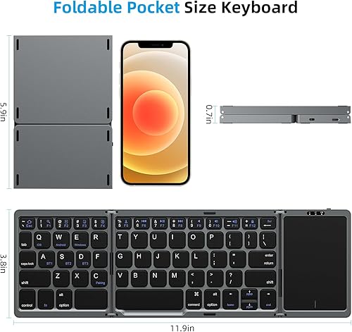 Miniatura 4 de OMOTON Teclado Bluetooth plegable con panel táctil, teclado plegable inalámbrico, multidispositivo y recargable, teclado portátil para iPad, iPhone,