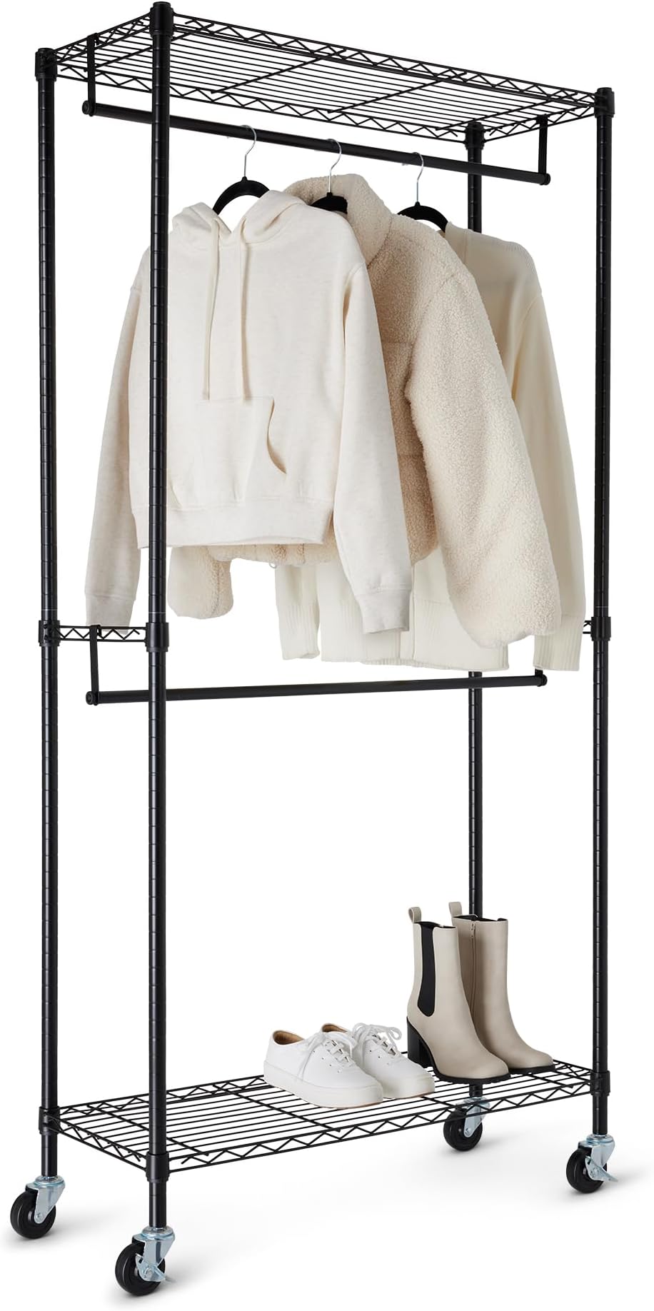Amazon Basics Adjustable Double Rod Rolling Garment Rack, Hanging Clothes Closet Organizer with Wheels, Heavy Duty, 36" x 14" x 72", Black