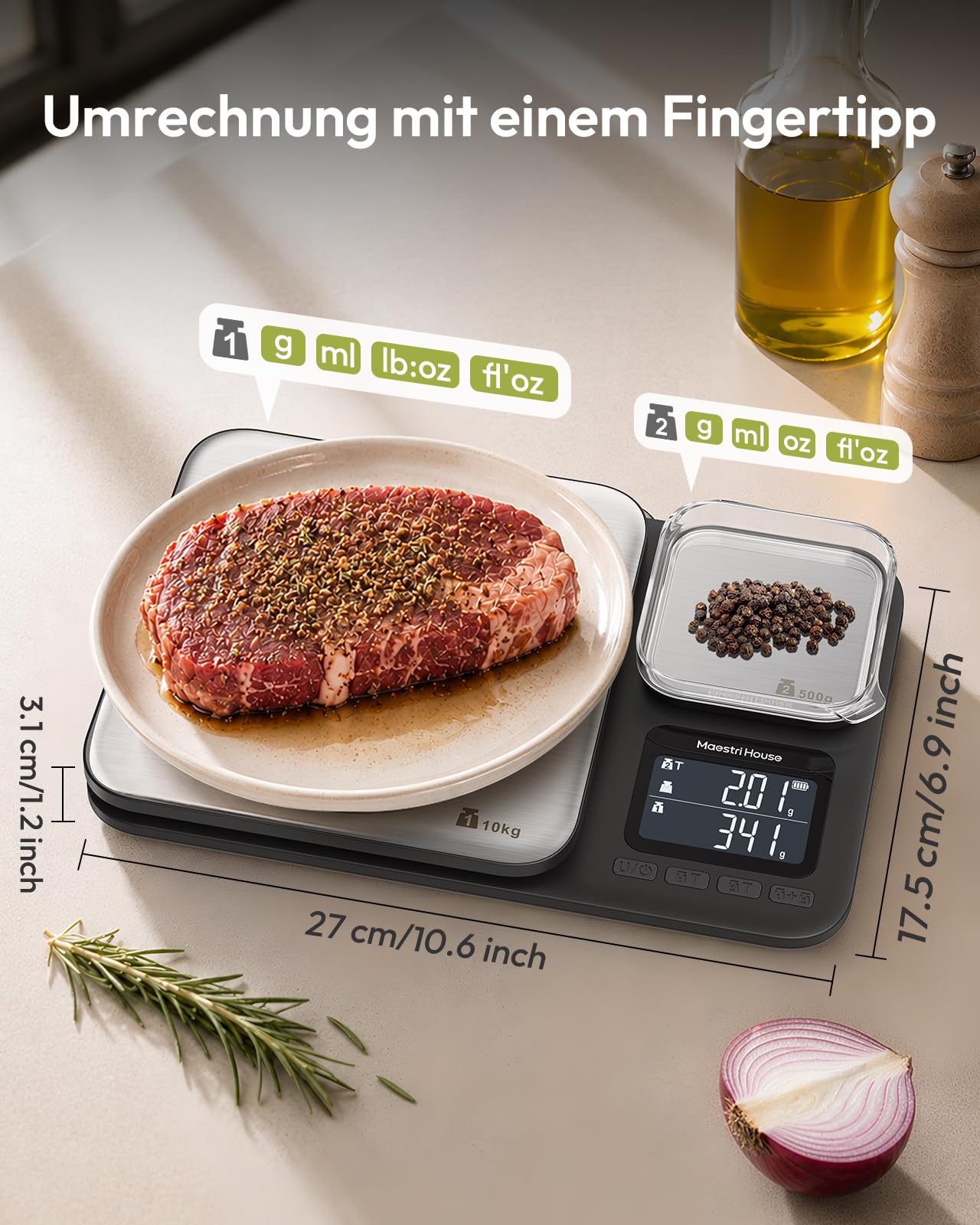 Maestri House Küchenwaage mit zwei Wägeplattformen, hohe Präzision von 0,01 g und Gesamtkapazität von 10 kg/1 g, Zwei-in-Eins-Lebensmittelwaage aus Edelstahl mit Tara- und Summierfunktion