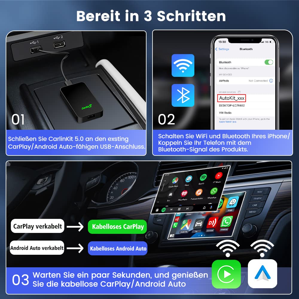 Carlinkit 5.0 2air Wireless Carplay und Wireless Android Auto Adapter,2026 Upgrade 2 in 1 Wireless Adapter,Konvertieren Werkseitig Verkabeltem CarPlay zu Wireless,Verkabeltem Android Auto zu Wireless