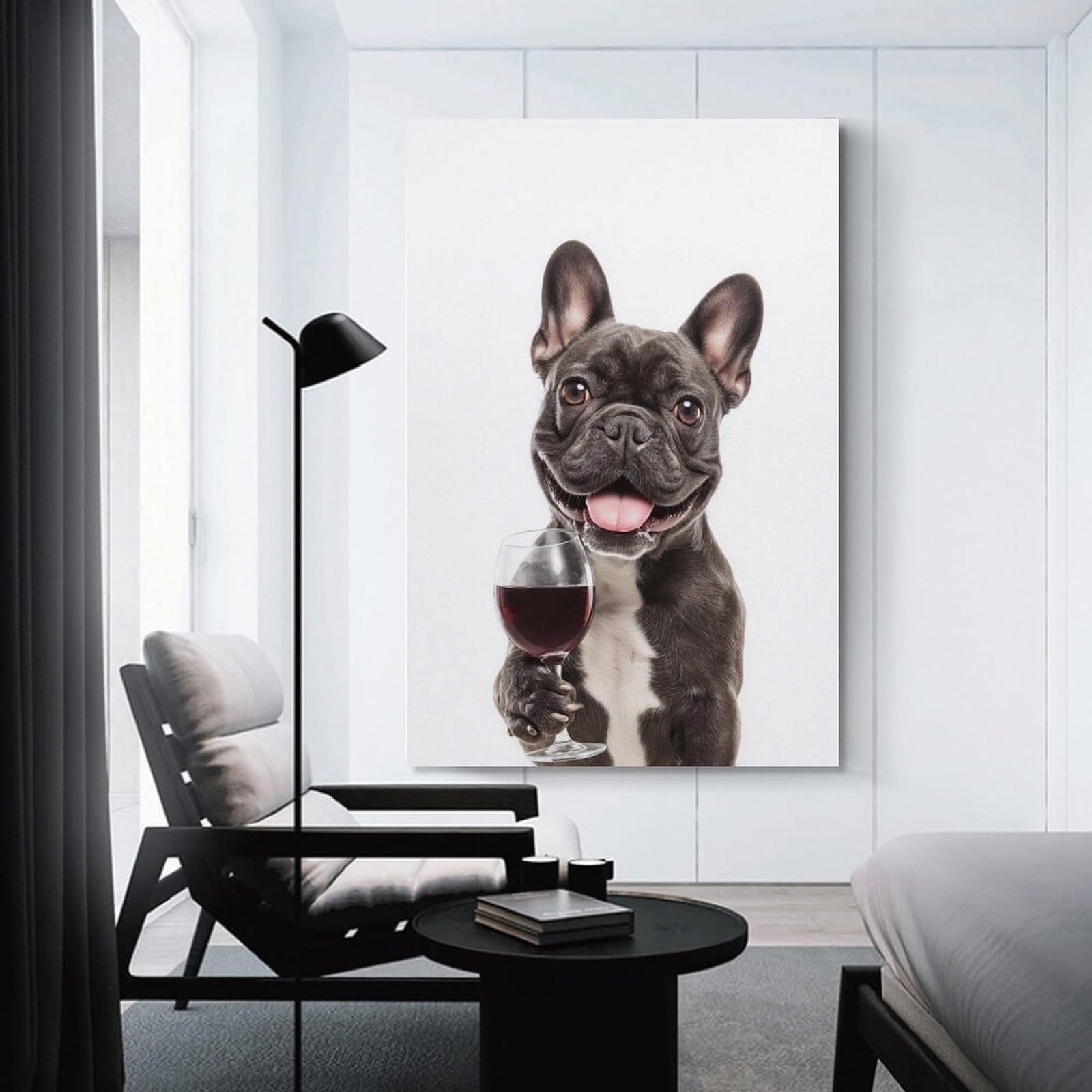 Junmoney Wall Art Print French Bulldog with Wine Glass, 24x36inch(60x90cm), for Home Lounge, Bedroom Or Reading Nook, Modern Wall Decor for Cosy Interiors