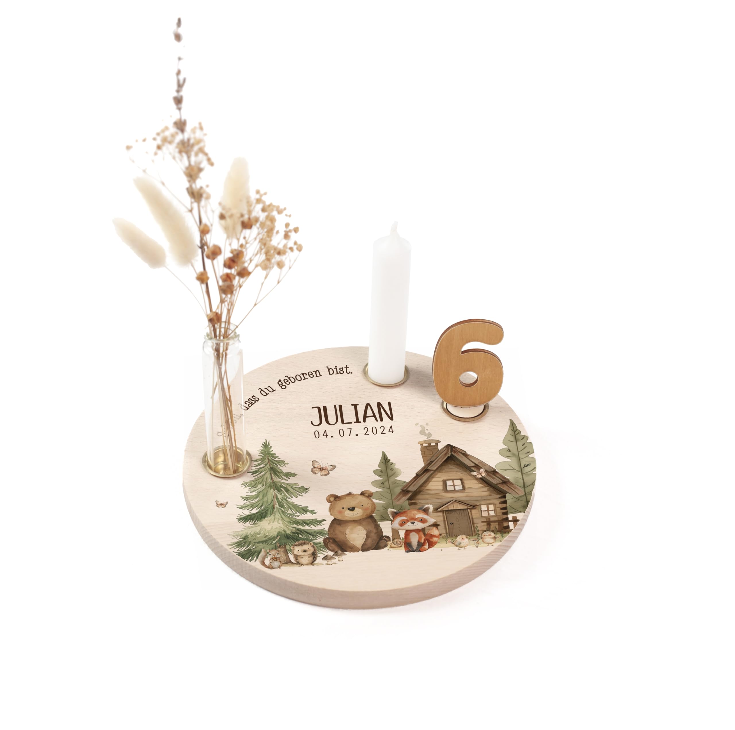 Nord-Kind® personalisierter Geburtstagsteller aus Holz mit Kerzen, Vase & Zahlen [20cm Ø]| Geburtstagsteller Holz | Geburtstagsteller personalisiert | Kerzenteller Geburtstag Kinder | Waldtiere 3
