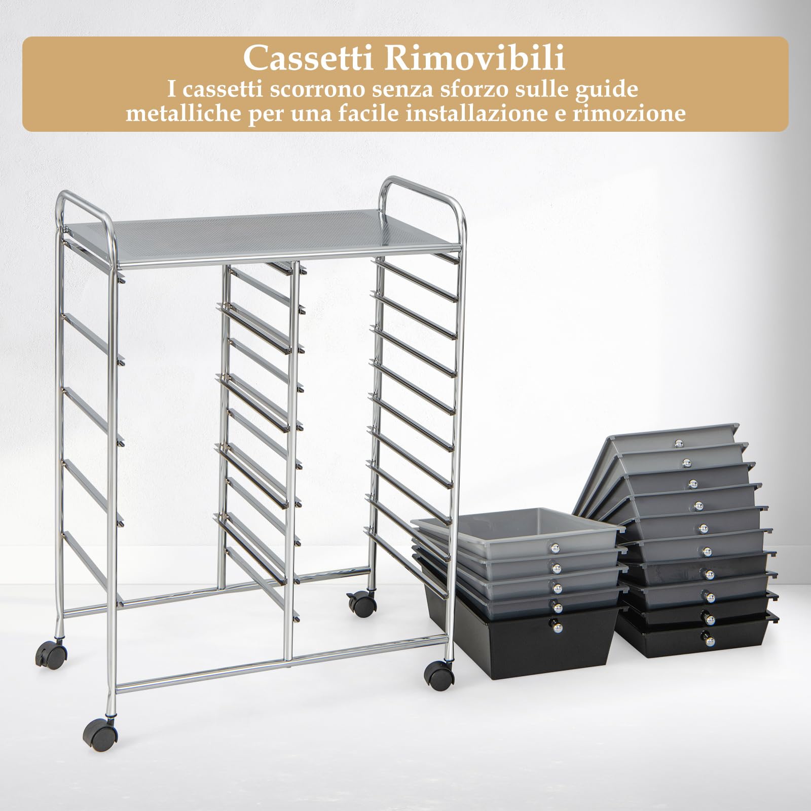 RELAX4LIFE Carro de almacenamiento con 15 cajones, cajonera alta con 4 ruedas universales, armario móvil y ahorra espacio de gran capacidad, multiusos para cocina, baño y oficina (negro y gris 2)