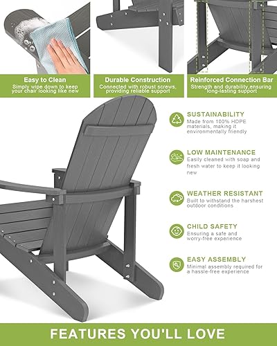 Miniatura 6 de Y&M Silla Adirondack, sillas para hoguera gris oscuro, sillas de patio al aire libre con soporte para tazas, resistentes a la intemperie, sillas