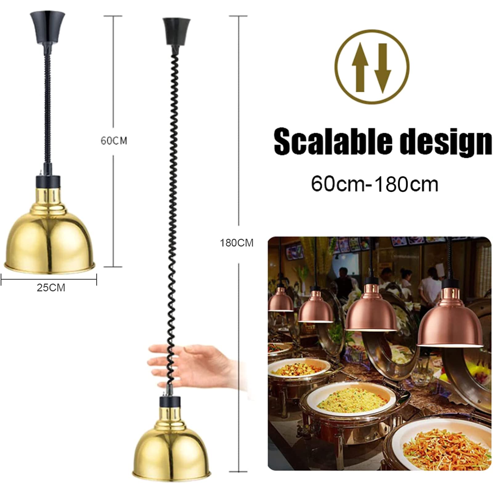 Lampada Di Calore Per Alimenti Appesa, Lampada Di Calore Per Alimenti 250W Commerciale, Luce Di Calore Per Alimenti, Lunghezza Del Cavo 60-180cm Regolabile, Per La Cucina Professionale Del Buffet