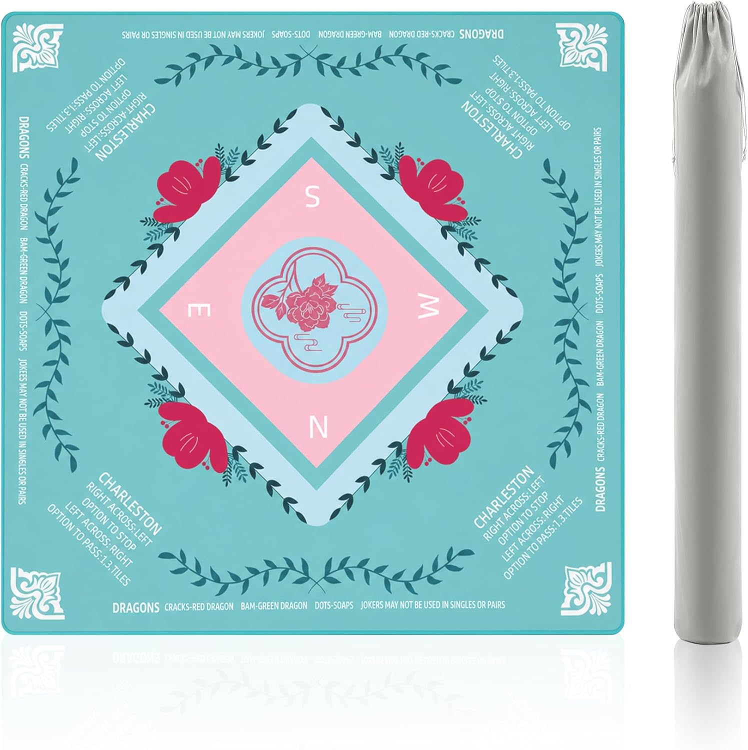 Mahjong Mat for Table 31.5 "x 31.5" American Mahjong Mat | Anti-Slip Noise-Reducing Mahjong Table Mat Cover with Printed Rules Carrying Bag for Beginners,Poker,Board Games,Dominoes