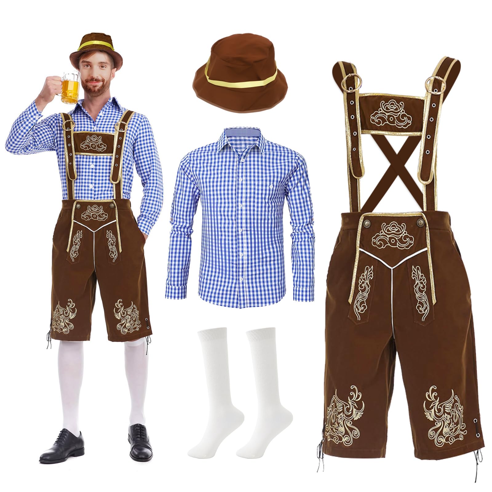 Oktoberfest Herren Outfit, Lederhose Herren Tracht Set, Enthält Oktoberfest Hemd Männer, Trachtenlederhose mit Trägern, Socken und Hut, Bayrische Tracht Männer für Cosplay Party Karneval