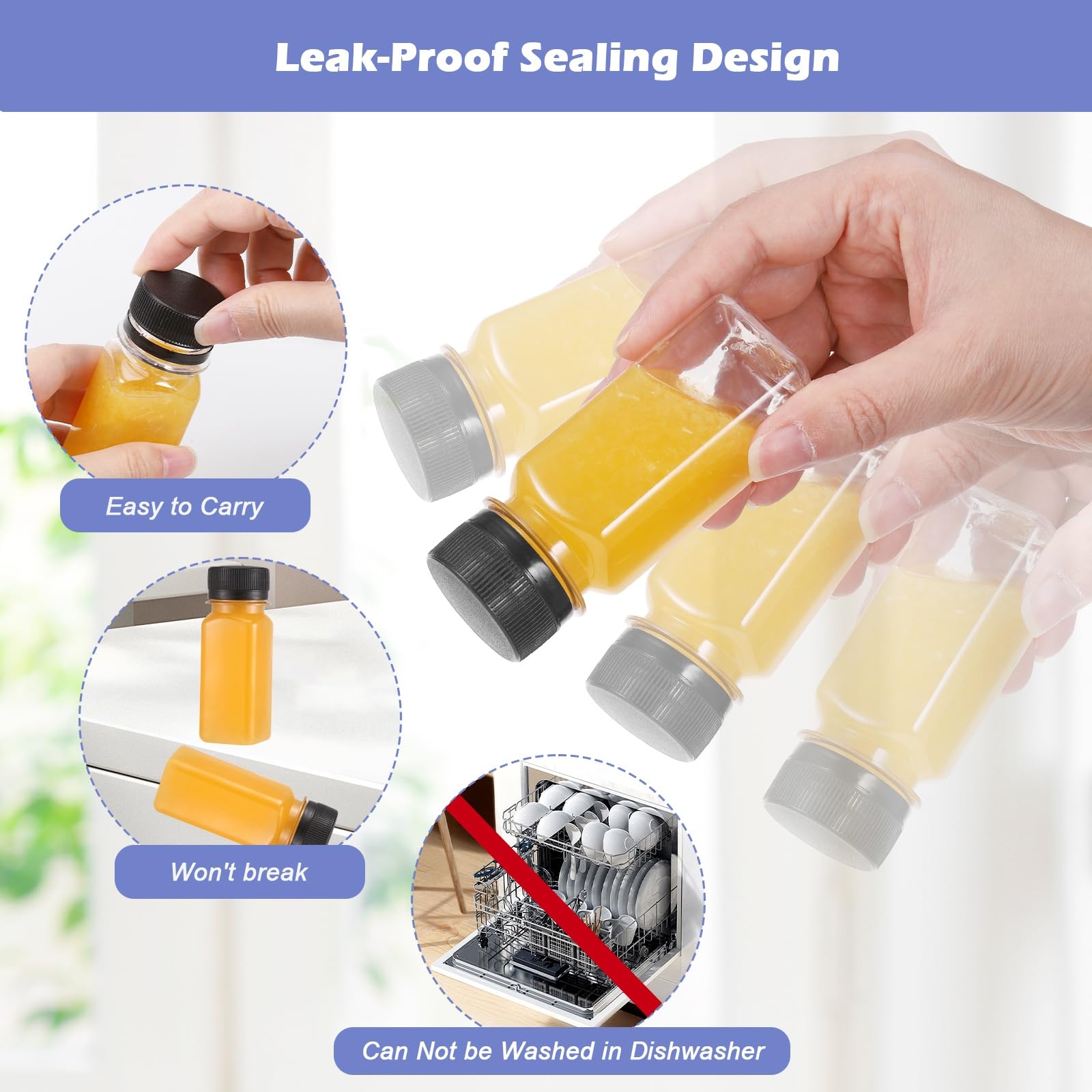 Hejo 12 stuks sapflessen met deksels, 60 ml kleine shotflessen, herbruikbare mini-plastic fles, lege gembershotfles met etiketten voor sap, saus, melk (zwart deksel