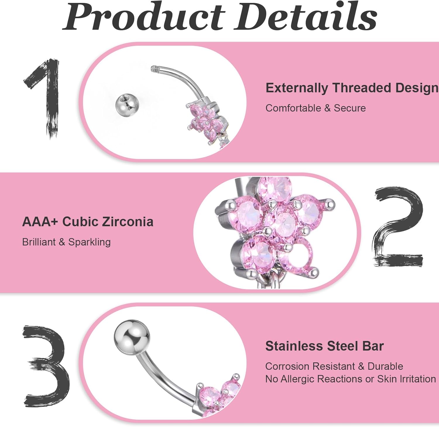 Belly Button Ring Dangle Stainless Steel 14G Belly Rings bellies Button Piercing Cute Pink CZ Heart Butterfly Bow Flower Dangling bellies Rings Silver Navel Ring Piercing Jewelry - Image 3