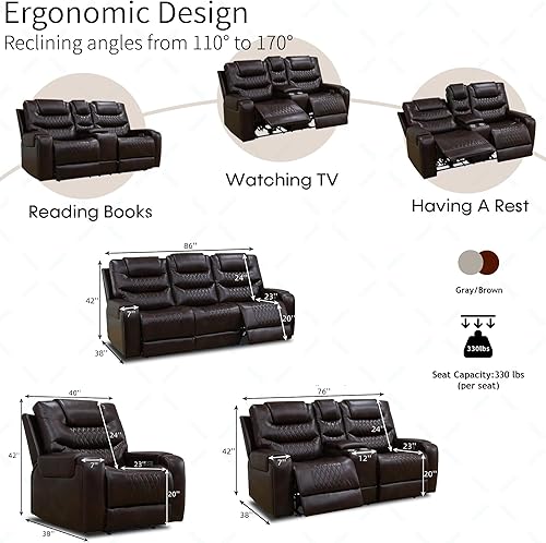 Miniatura 2 de Juego de muebles para sala de Estar, juego de sofá reclinable eléctrico, sillón reclinable de cuero con puertos USB incorporados y almacenamiento.