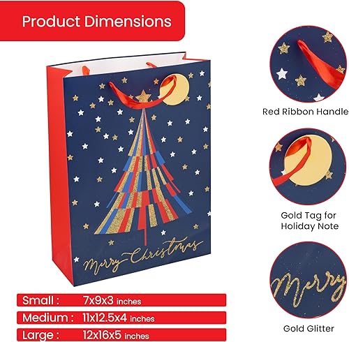 Miniatura 2 de RACHELLE'S Bolsas de regalo de Navidad  Bolsas de regalo de papel resistentes con papel de seda, etiqueta y asa  Diseño de árboles de vacaciones