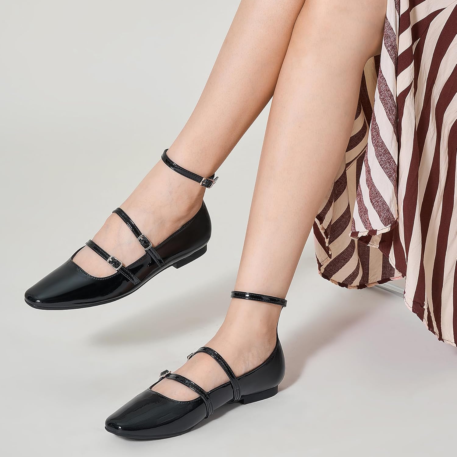 Trary Flats for Women Square Toe Mary Jane Shoes Women Ballet Flat Mary Jane Flats with Triple Strap Buckle Patent Comfortable Dress Shoes - Image 5