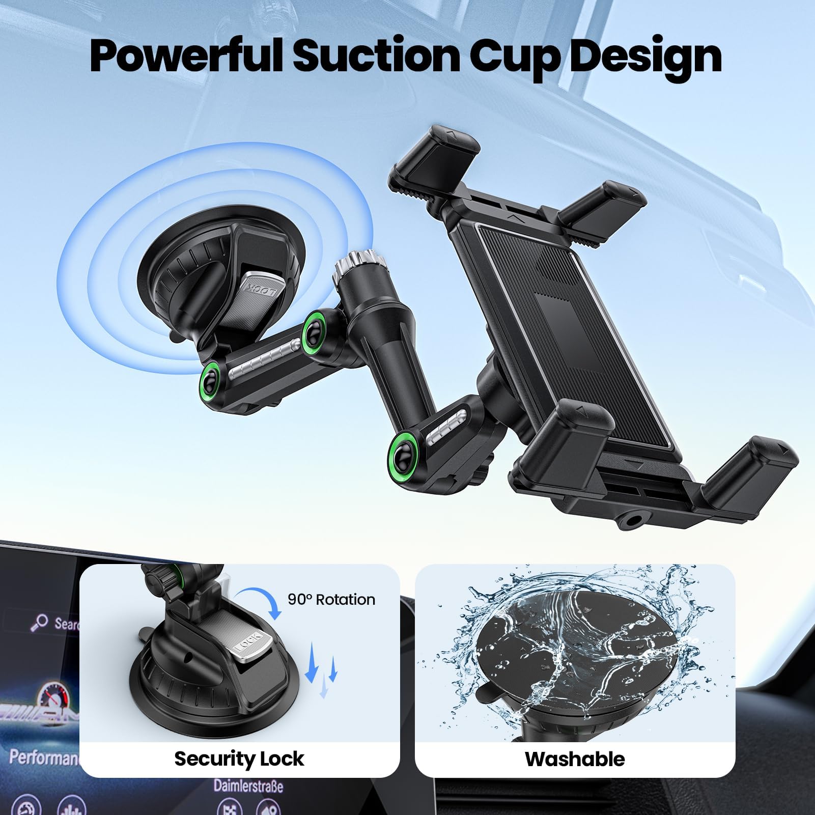 GlasFlength Supporto per tablet aut o per cruscotto auto, supporto per tablet a ventosa, 4,7 – 9,7 pollici, table t e telefoni rotanti a 360°, regolabile, supporto per iPad per auto e ufficio (nero)