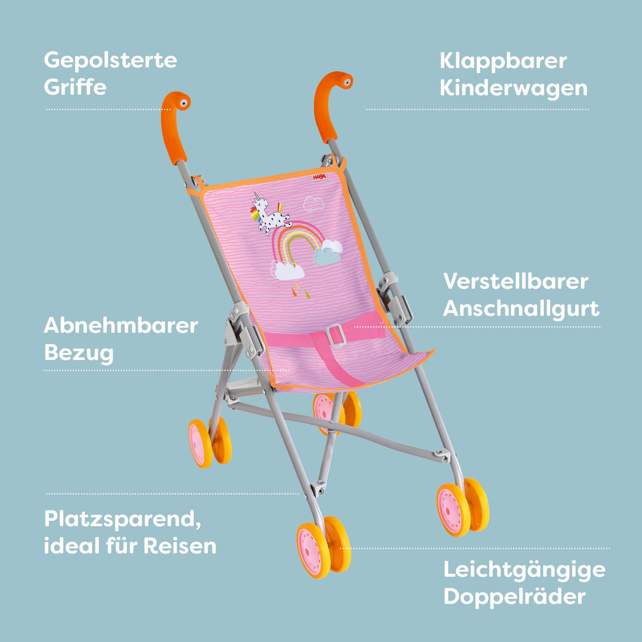 HABA Puppenbuggy Regenbogen – faltbar mit gepolsterten Griffen und Doppelrädern – für Puppen bis 45 cm – Puppenwagen für Kinder ab 2 & 3 Jahren – 2013338001