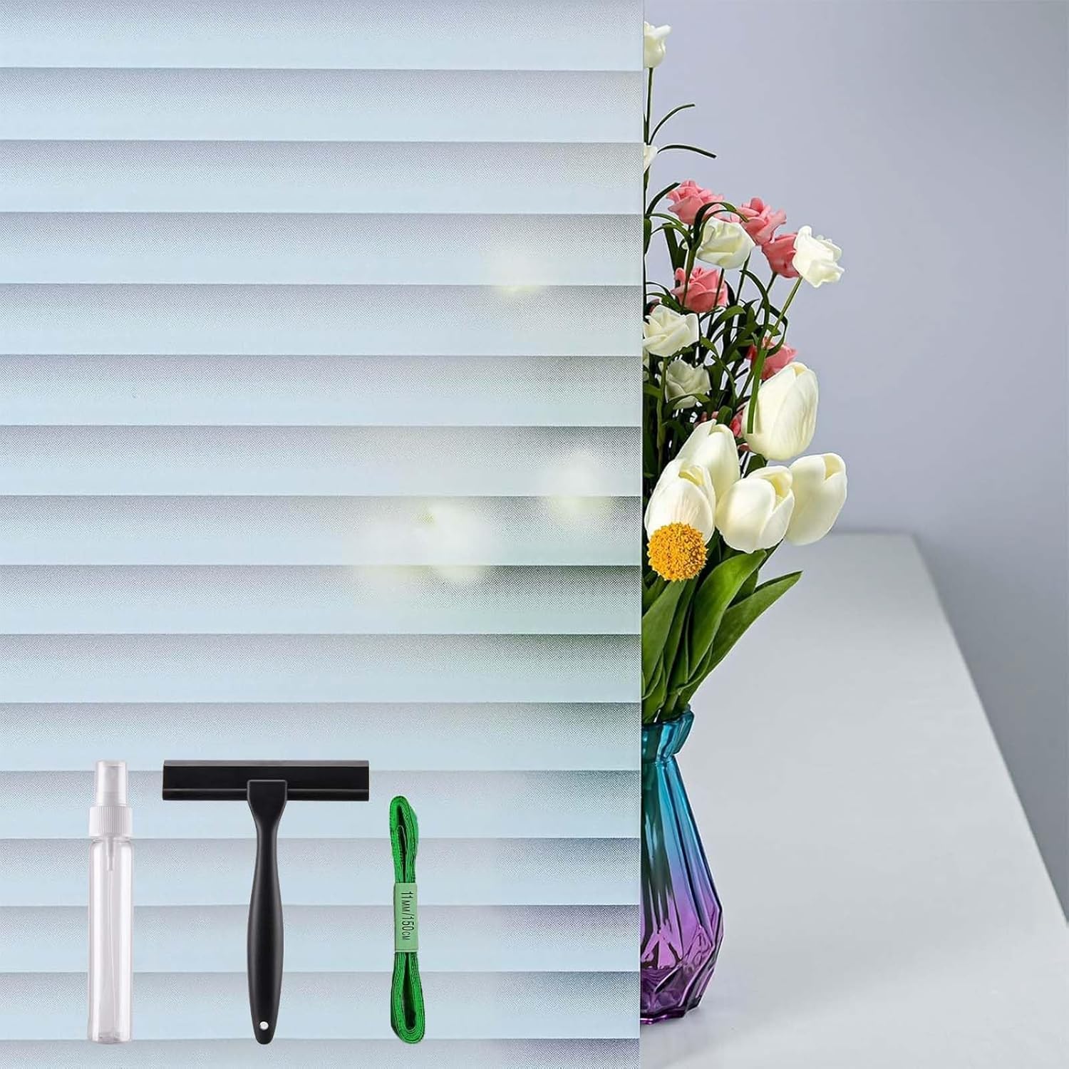 DERZGAO Window Privacy Film with Installation Tools, Blinds Pattern, Static Cling, Anti UV, Heat Control, Ideal for Home Shower Office Glass Door (