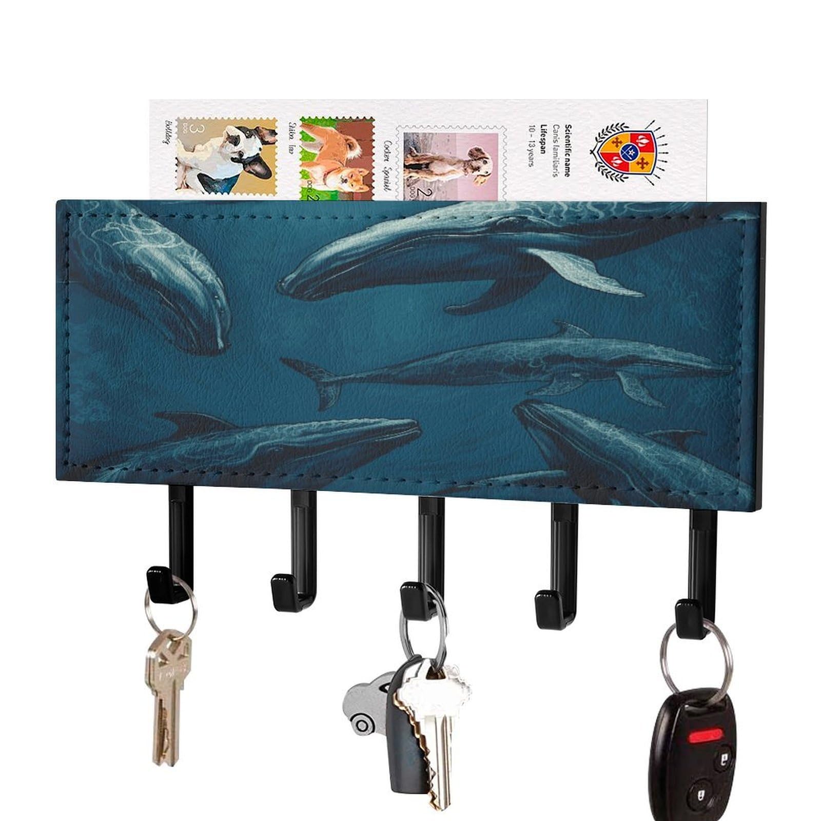 FekiLoot Ocean Whale Key Holder for Wall Decorative Mail Organizer with 5 Key Hook Self Adhesive Key Rack with Tray Coat Rack Wall Mount Key Hanger Decor for Entryway Door