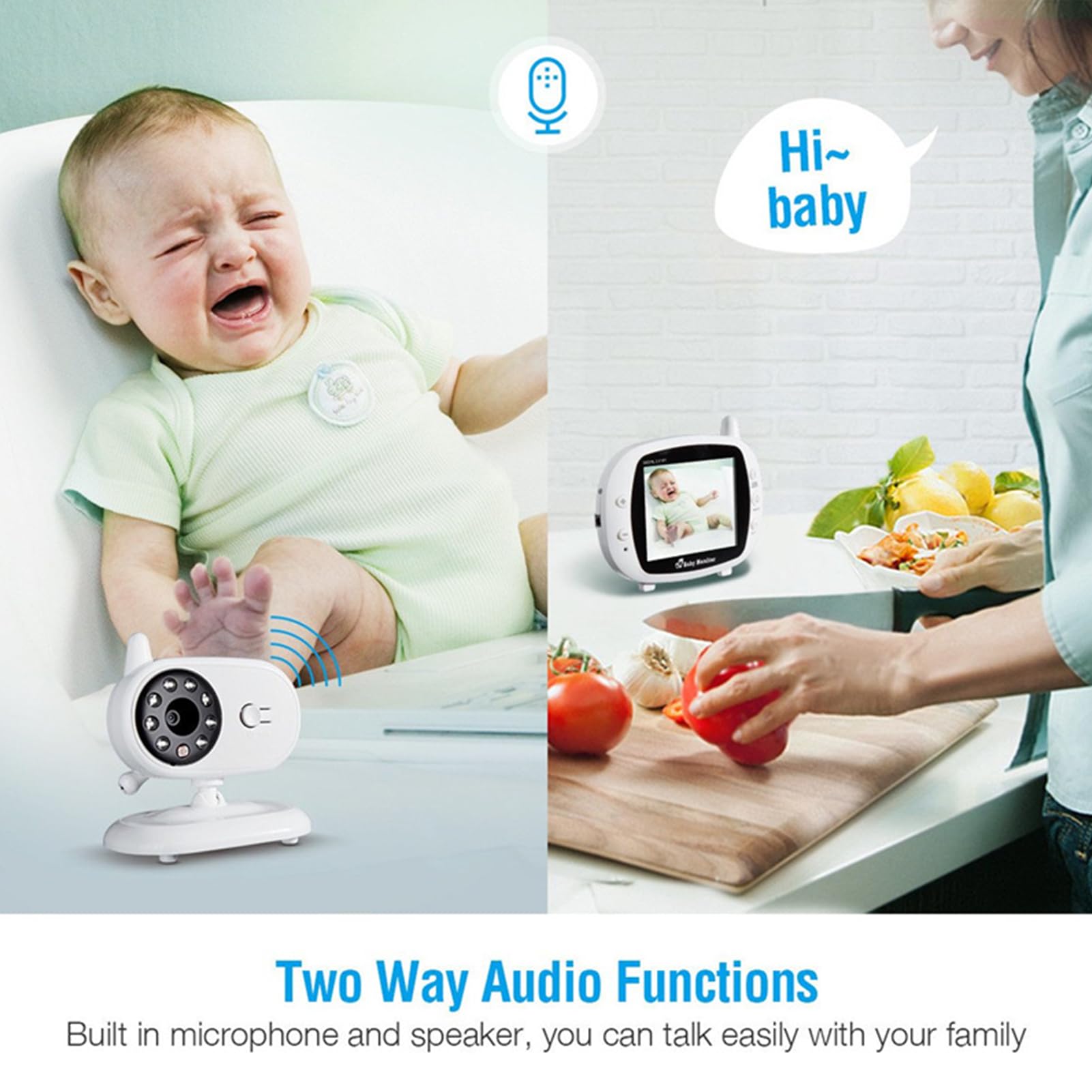Yunseity Baby Monitor da 3,5 Pollici con Fotocamera Digitale, Baby Monitor Video Wireless 2,4 GHz, Visione Notturna a Infrarossi, Monitor della Temperatura, Bidirezionale, Luce Notturna