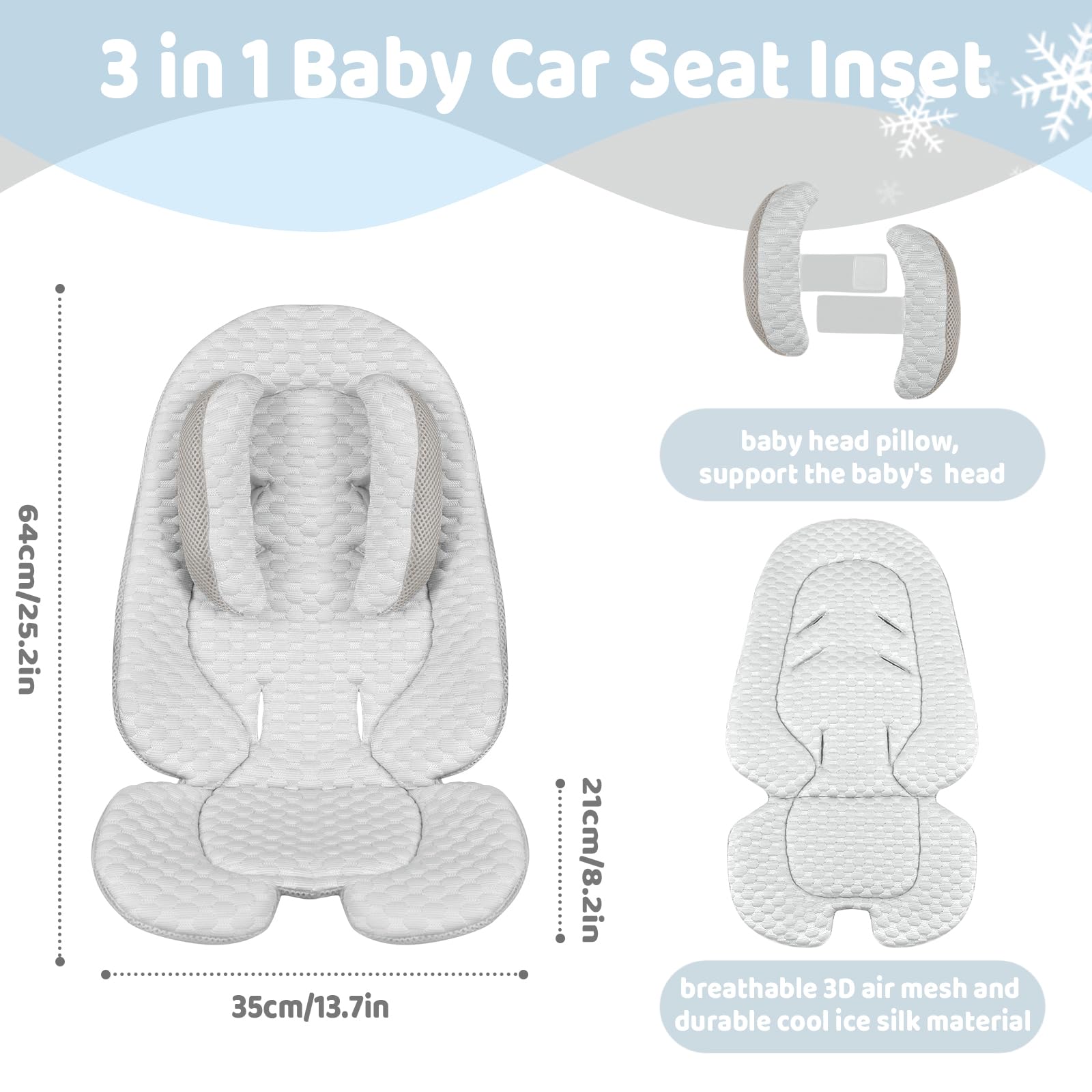 KAKIBLIN Insert de siège d'auto pour bébé, coussin rafraîchissant pour siège de voiture pour bébé, doublure en maille respirante pour l'été, refroidissement de poussette pour fille et garçon