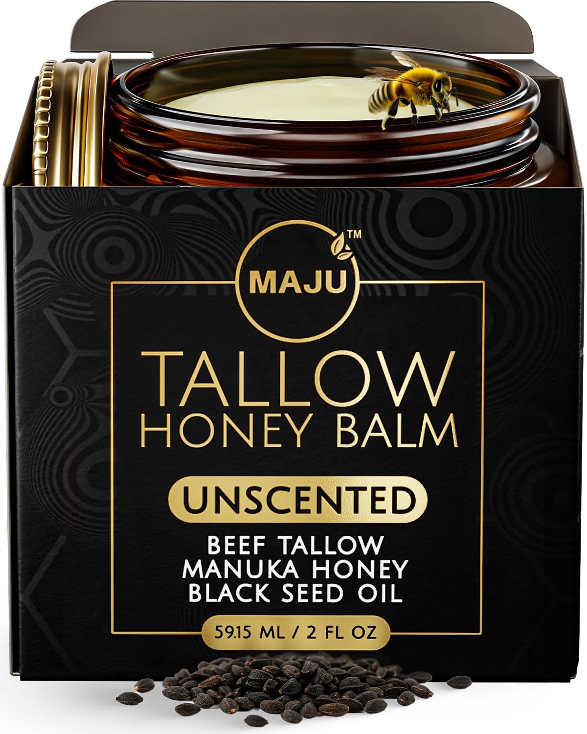 MAJU Beef Tallow Manuka Honey Balm, Unscented (2 oz), Grass-Fed Beef Tallow for Skin with Organic Black Seed Oil, Manuka Honey and Organic Beeswax,