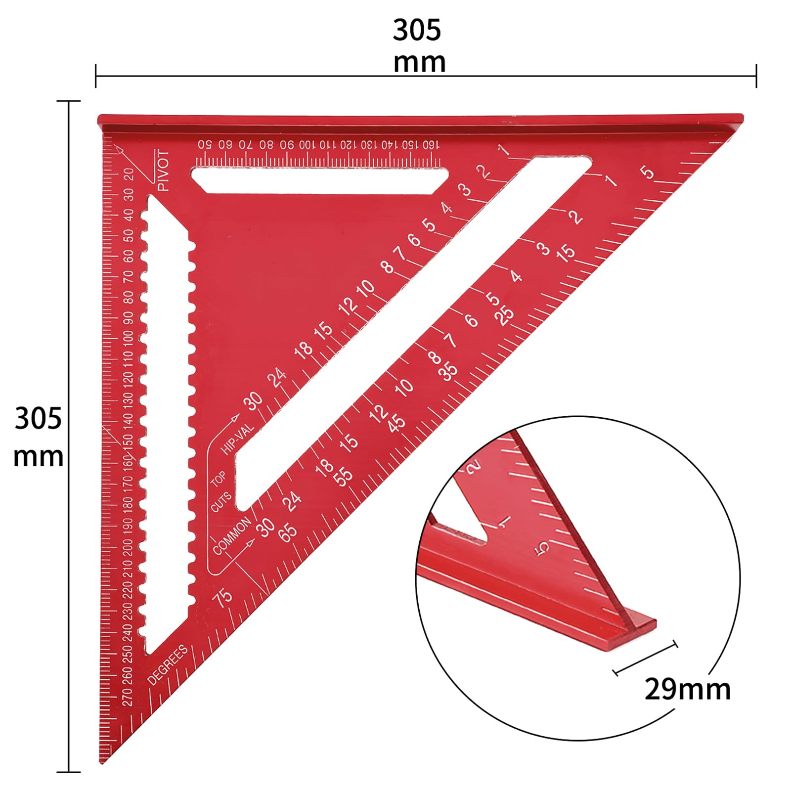 Escuadra Carpintero Metálica 12 Pulgadas/300 mm, Regla Triangular de Aluminio de Alta Precisión para Carpintería y Medición de Ángulos (Rojo)