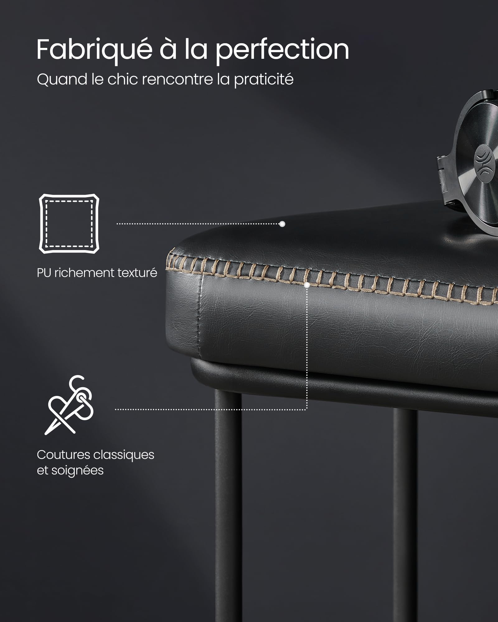 VASAGLE EKHO Collection - Banc pour Entrée, Chambre, PU avec Coutures, Bout de Lit, Cadre en Acier, pour Salon, Salle à Manger, Moderne Mi-siècle, Capacité de 300 kg, Noir d'encre LOM073B01