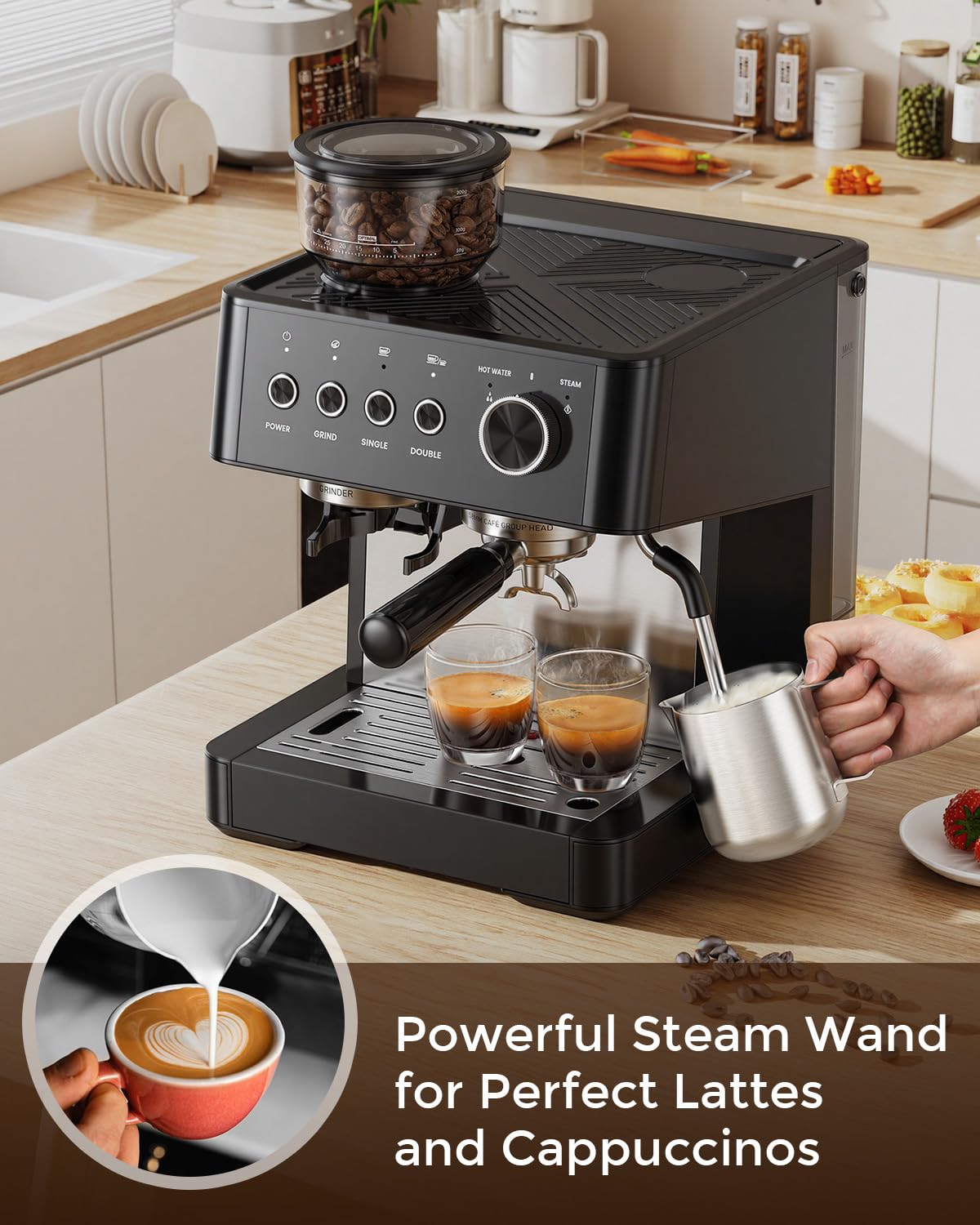 (2026 Upgrade) 15 Bar Espresso Machine with Built-in Anti-Clog Coffee Grinder, Expresso Coffee Machines with Milk Steam Wand/Frother/Tamping Tools,Espresso Maker with Grinder for Lattes-Sleek Black
