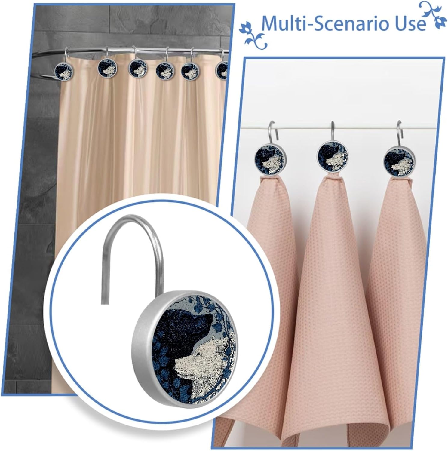 12 Packs Yin Yang Wolf Shower Curtain Hooks, Stainless Steel Glass Shower Curtain Rings for Bathroom Decor, Metal Rustproof Curtain Rod Hooks