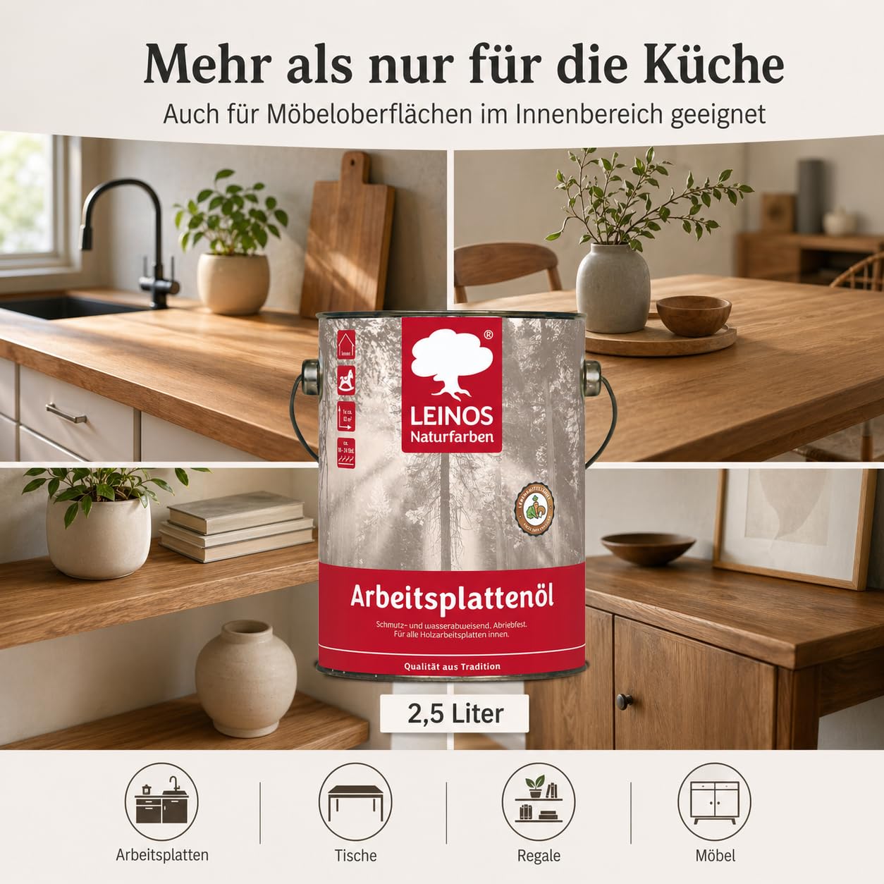 LEINOS 280 Arbeitsplattenöl 2,5 l Dose – lebensmittelecht, Öl für Küche | Imprägniert & schützt Holz nachhaltig gegen Schmutz & Feuchtigkeit – fleckenbeständig gegen Kaffee, Rotwein & Fruchtsäfte