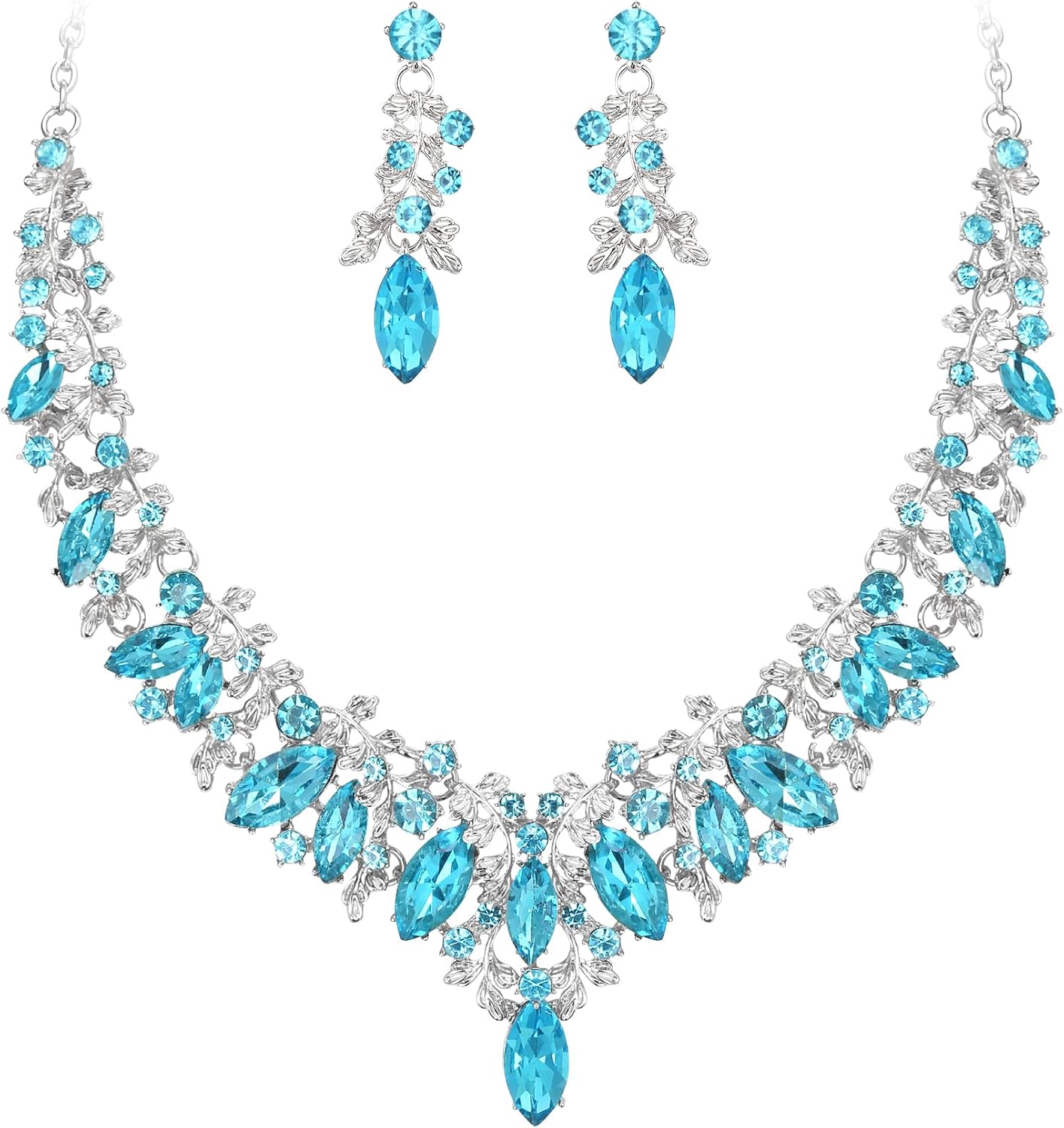 BriLove Gorgeous Wedding Jewelry Set for Women, Stunning Shiny Rhinestone Crystal Marquise Leaf Cluster Statement Necklace Dangle Drop Earrings for Wedding Party Prom Accessories