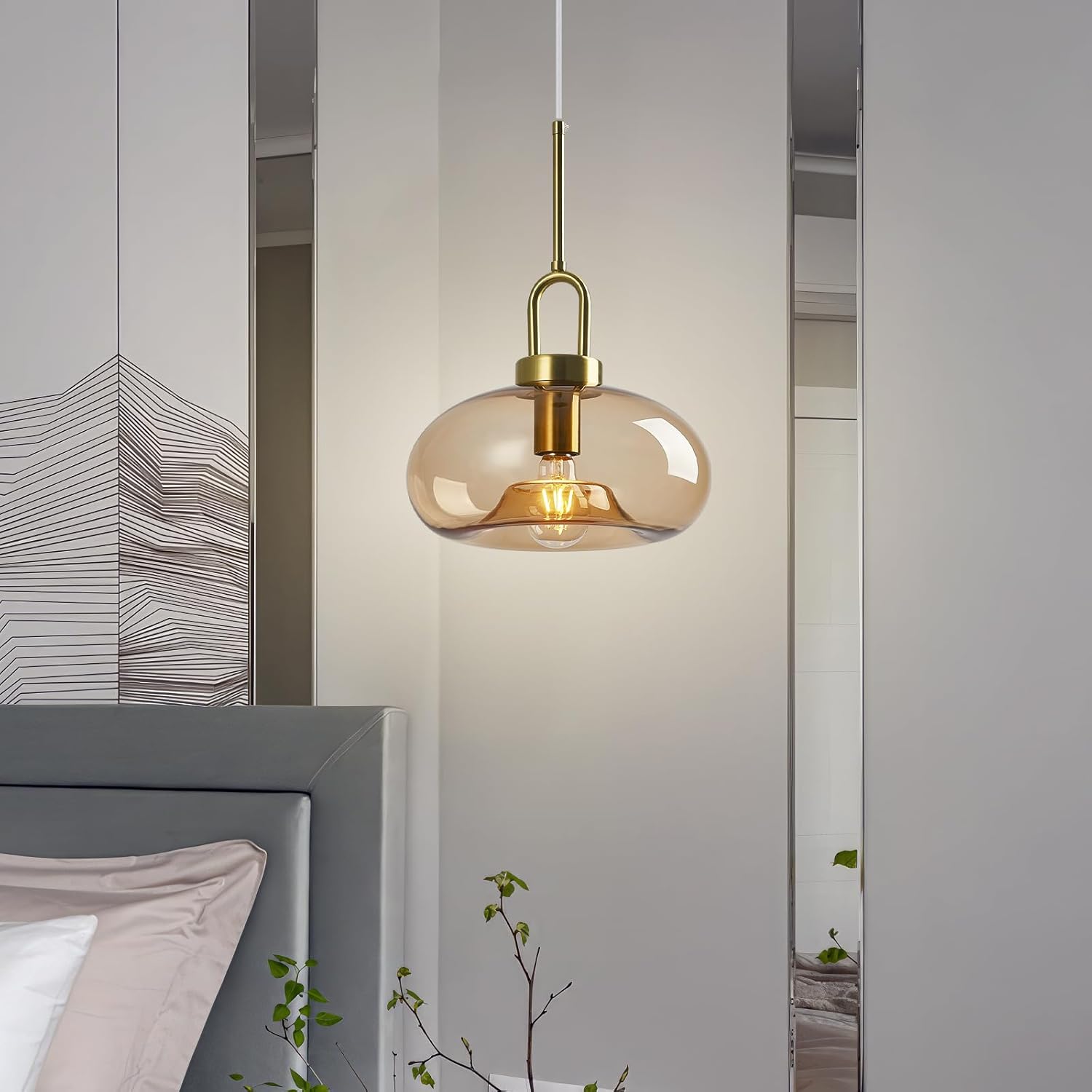 Light Brown Glass Pendant Lights Kitchen Island Gold Pendant Light Fixtures Adjustable Height Modern Pendant Lighting for Bedroom Dining Room (1-Pack)