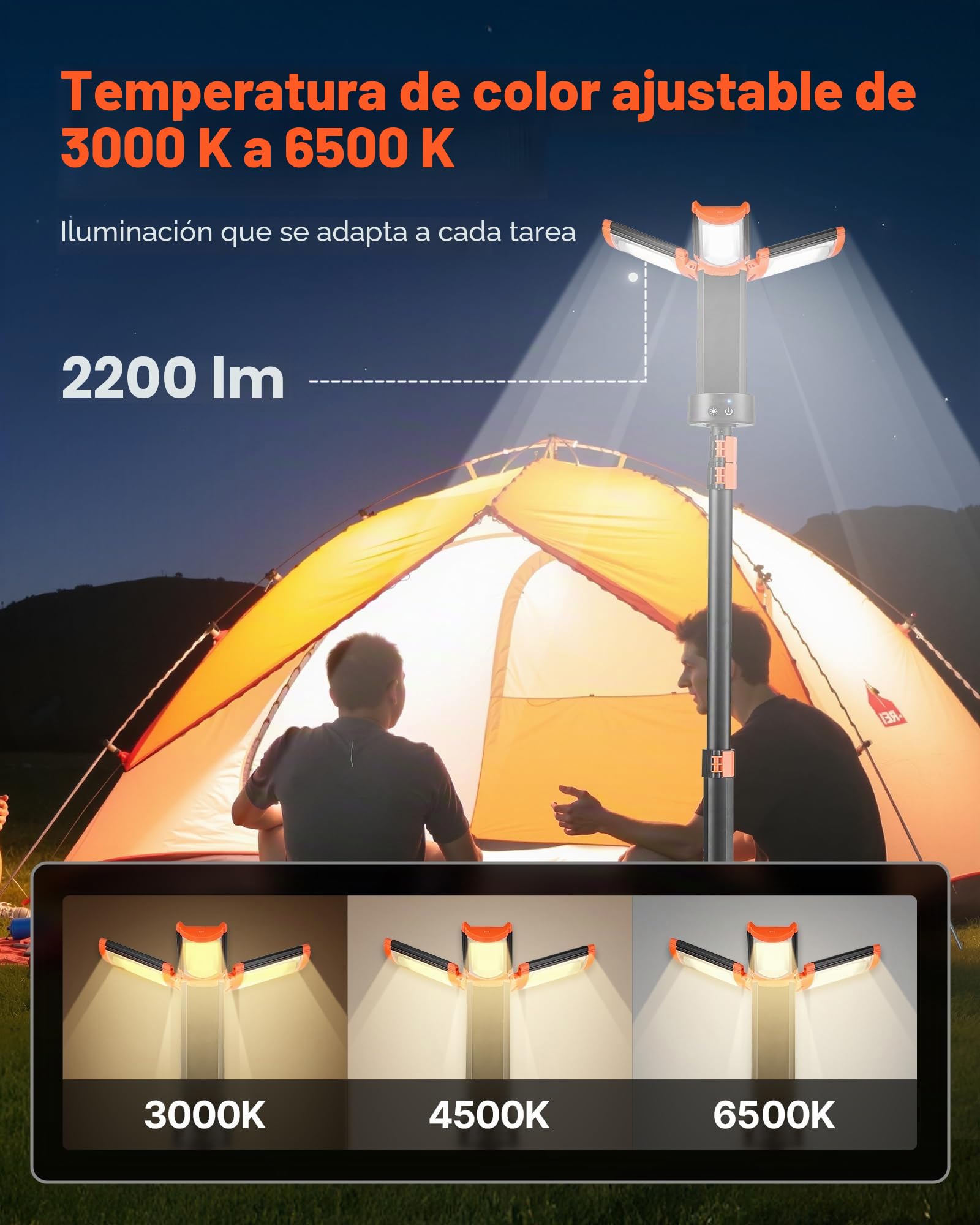 VEVOR Luz de Trabajo LED con Trípode 8 Ah, Foco Recargable de Trabajo con 3 Cabezales, Recargable, Inalámbrica, 2200 Lúmenes, 3000 K-6500 K, Iluminación Portátil para Obras de Construcción, Camping