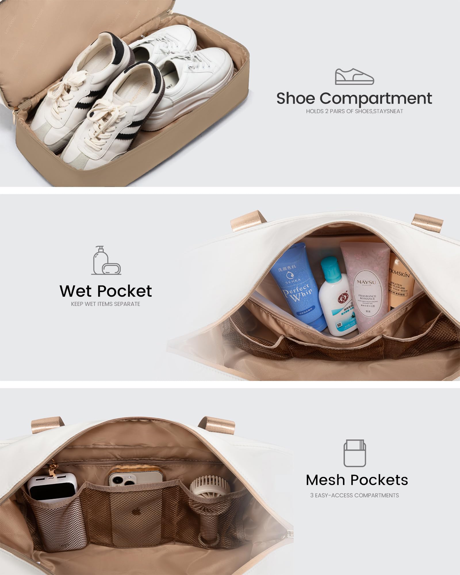 LOVEVOOK Reisetasche Damen, Wasserdicht Weekender Travel Bag mit Schuhfach, Duffle Bag Kliniktasche Geburt Mommy Handgepäck Tasche Saunatasche Gym Sporttasche Schwimmtasche für Reise Ryanair