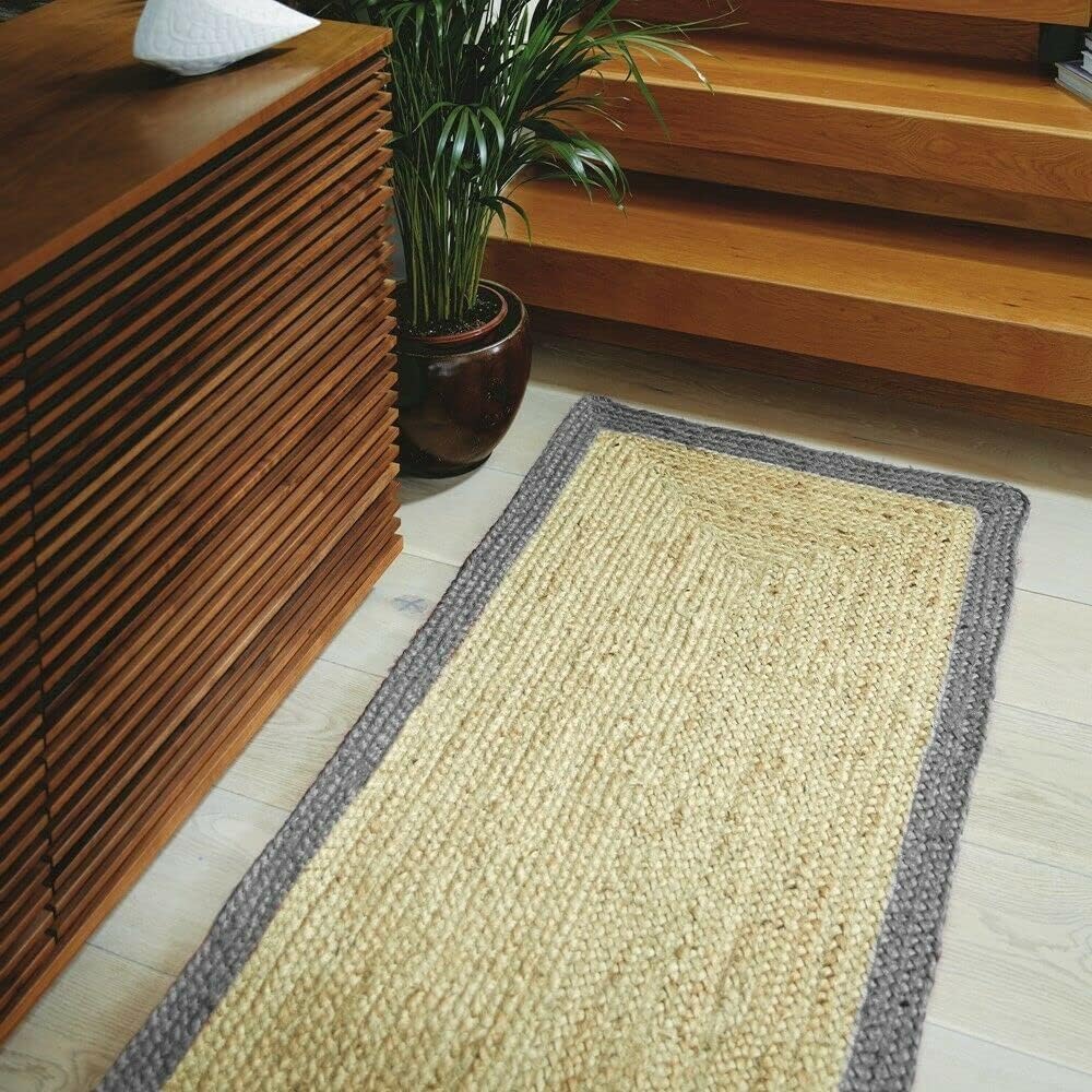Avgari Creation Square Rug Runner Jute Area Rug Hand Braided Rug for Living Room Look Rug Indoor & Outdoor, kitchen, hallway, Dinning(Natural Beige & Grey Border)