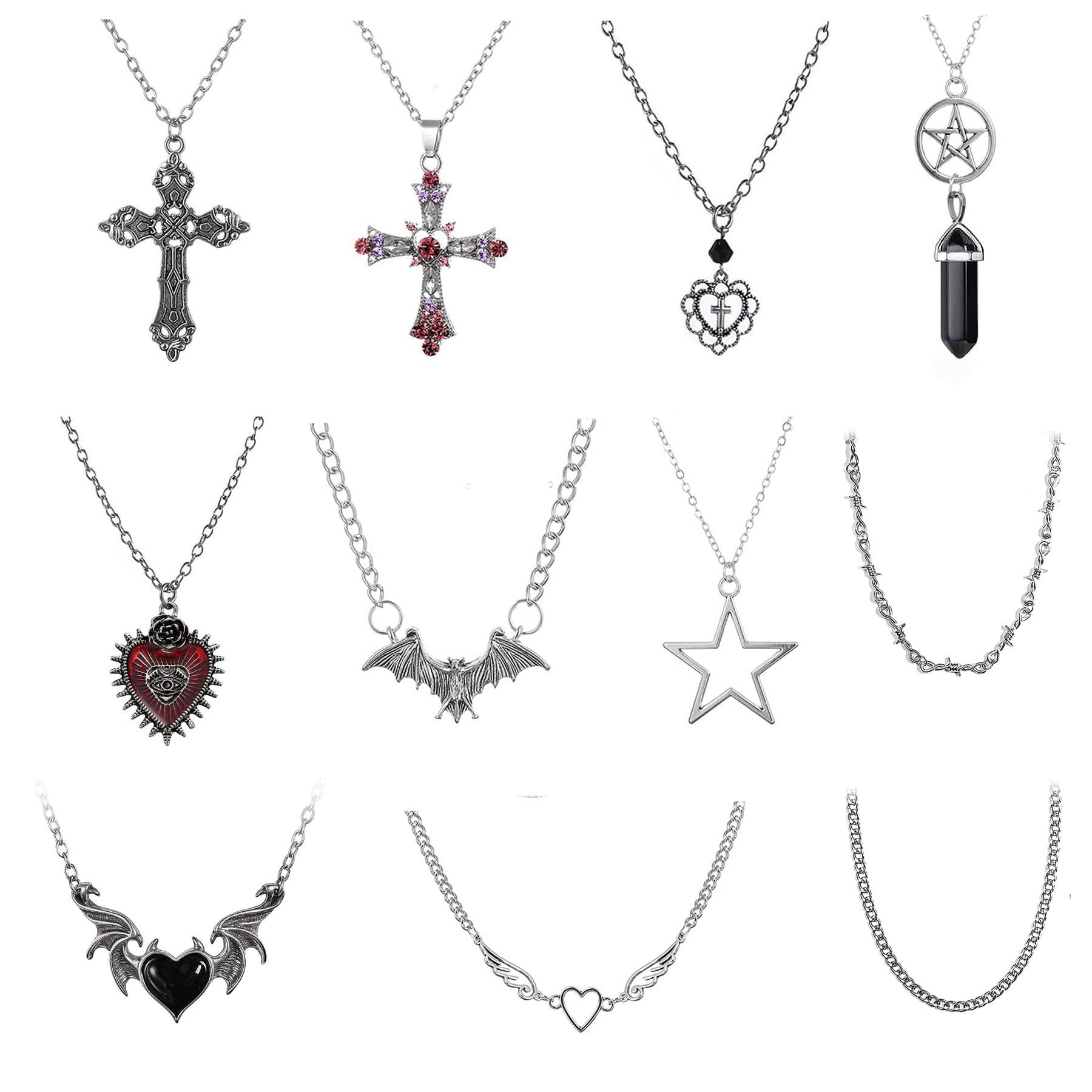 Set Di 11 Collane Gotiche Per Donna, Con Pendenti Vari: Cuore, Croce, Malocchio, Farfalla, Pipistrello, Spine, Ali D'angelo. Stile Punk Vintage, In Lega, Regalo Halloween. - 2