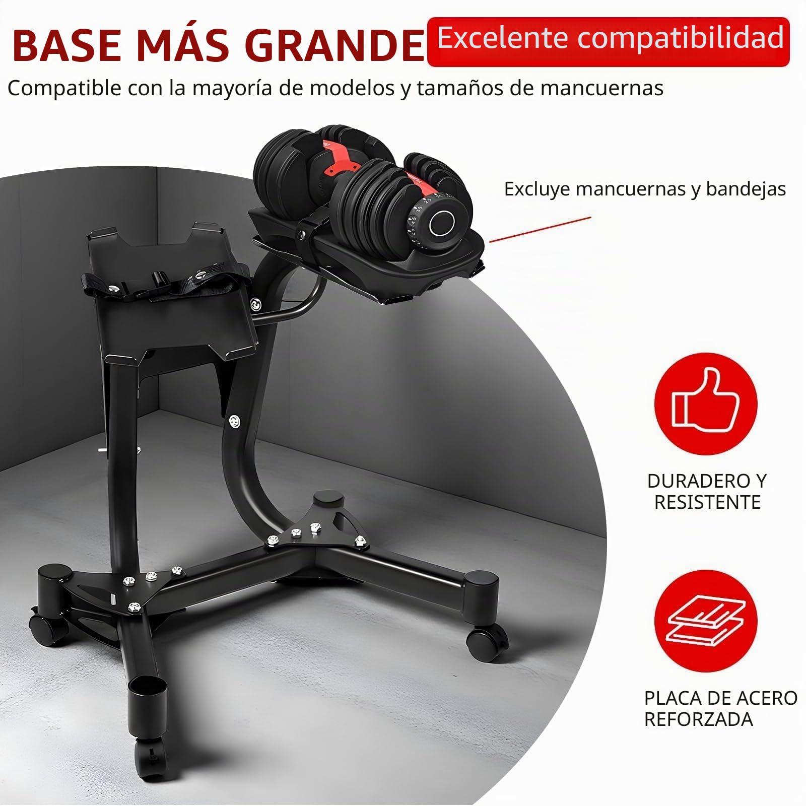 Soporte de pesas de 350 libras, soporte de mancuernas ajustable de 350 libras, soporte de metal estándar con cuatro ruedas para uso práctico en el gimnasio en casa.